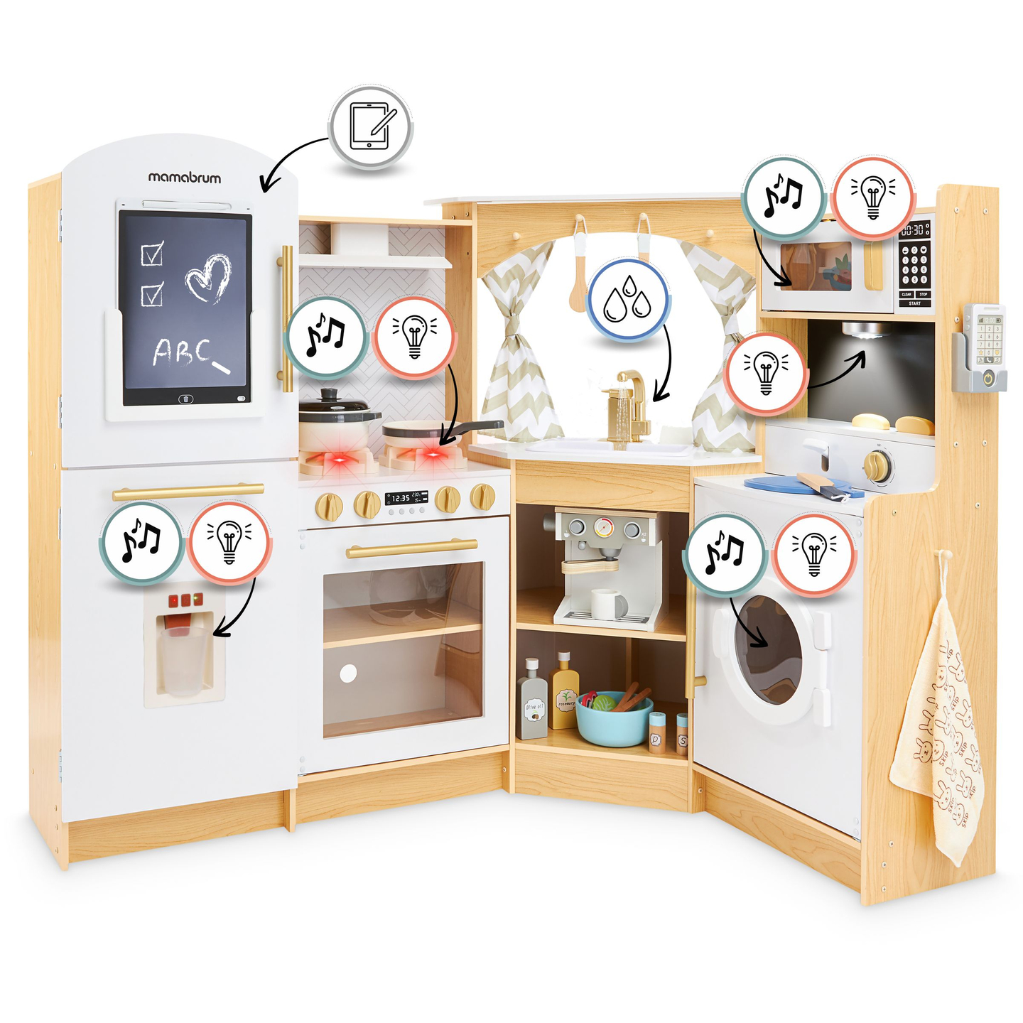 XXXXL suuri puinen interaktiivinen keittiö, jossa on LED-valaistus, pesukone, mikroaaltouuni, kahvinkeitin sekä hedelmä- ja vihannesvalikoima - 50 elementtiä