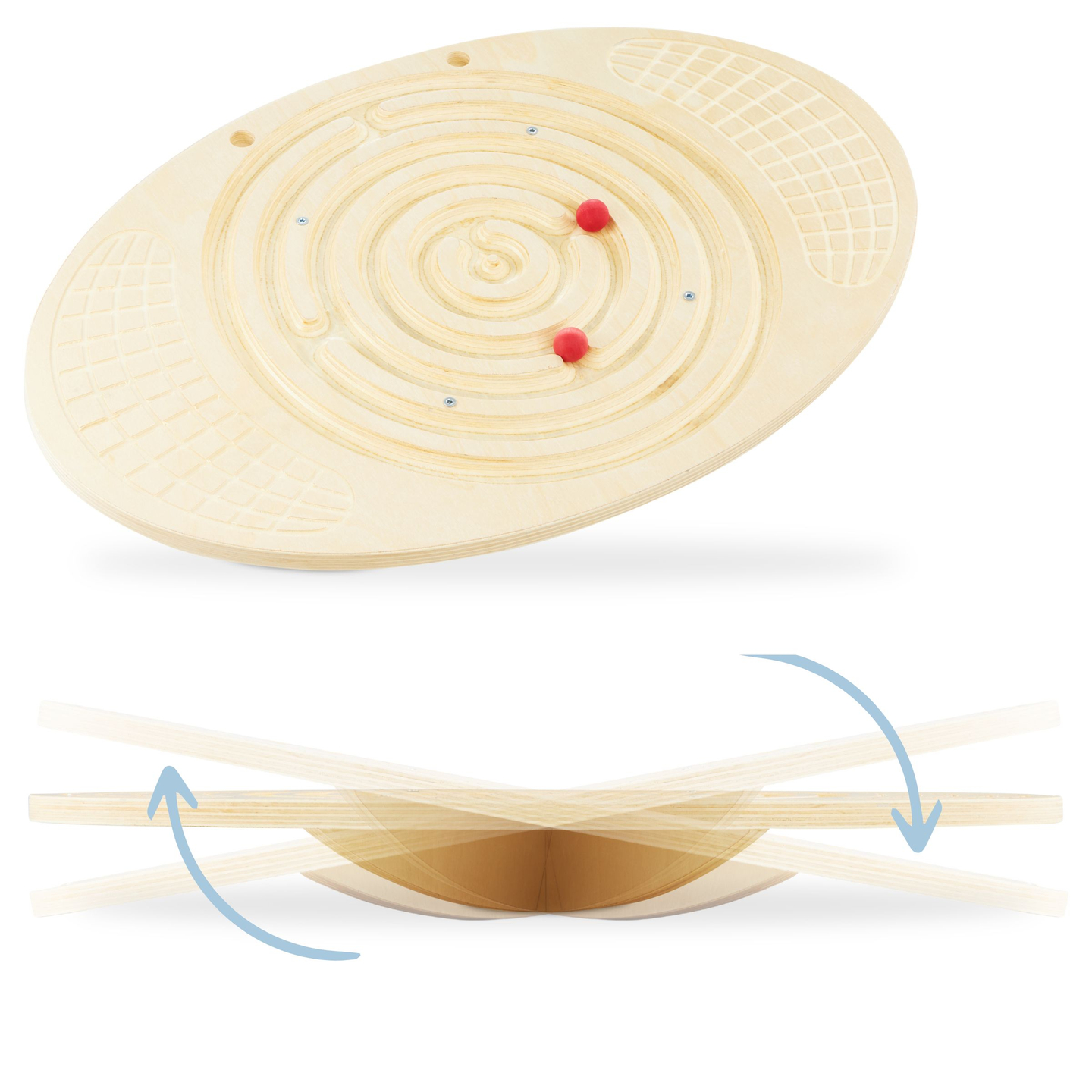 Puinen tasapainolauta, jossa on labyrintti ja palloja - tasapaino keinutin