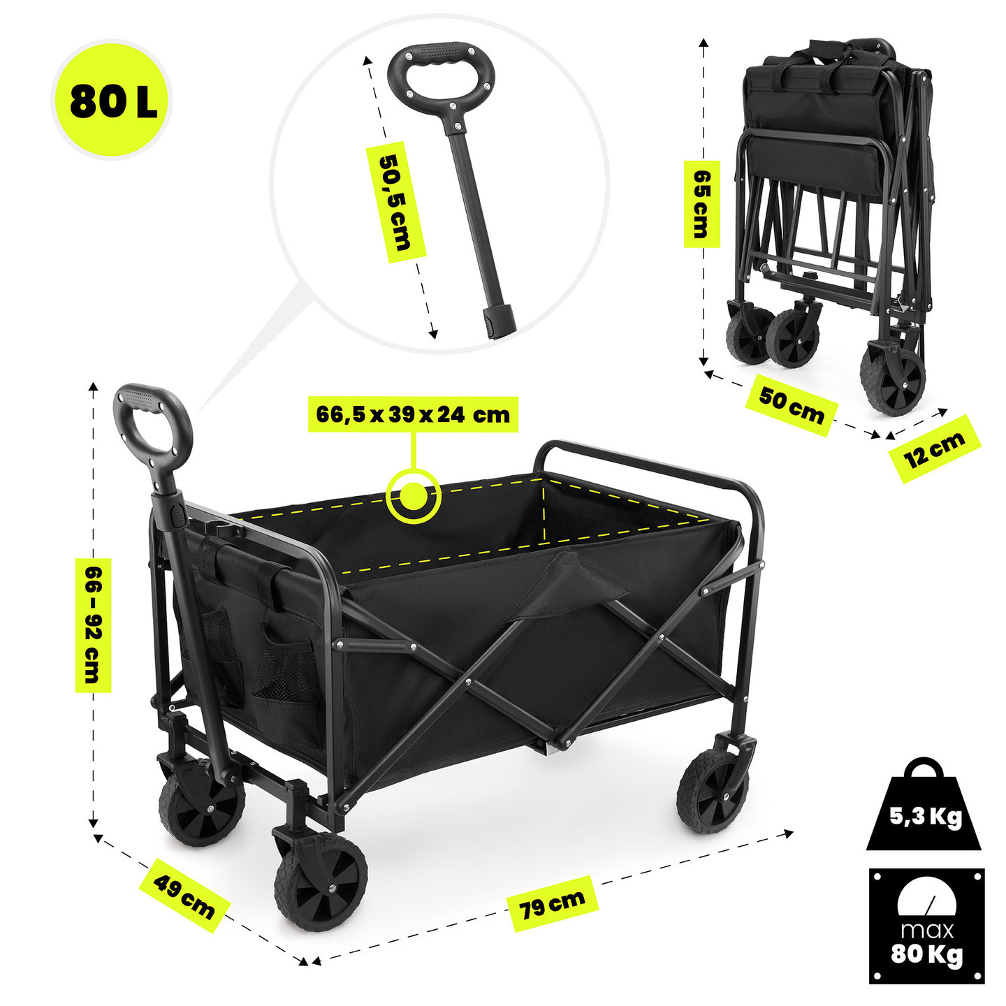 HyperMotion kokoontaitettava rantapyörätuoli - musta, 80 kg:n painoinen