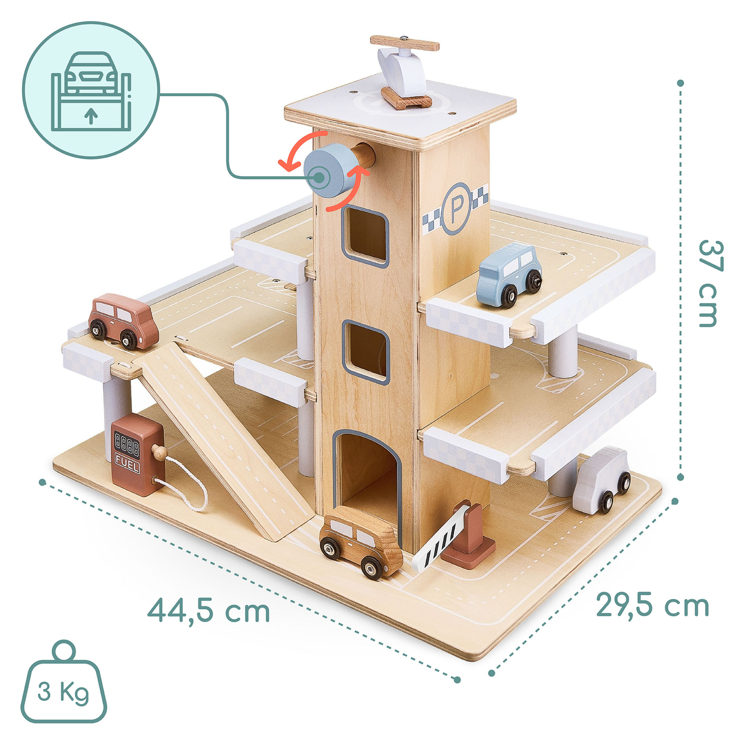 Puinen kolmikerroksinen parkkihalli, jossa on hissi - autotalli, jossa on autoja ja helikopteri