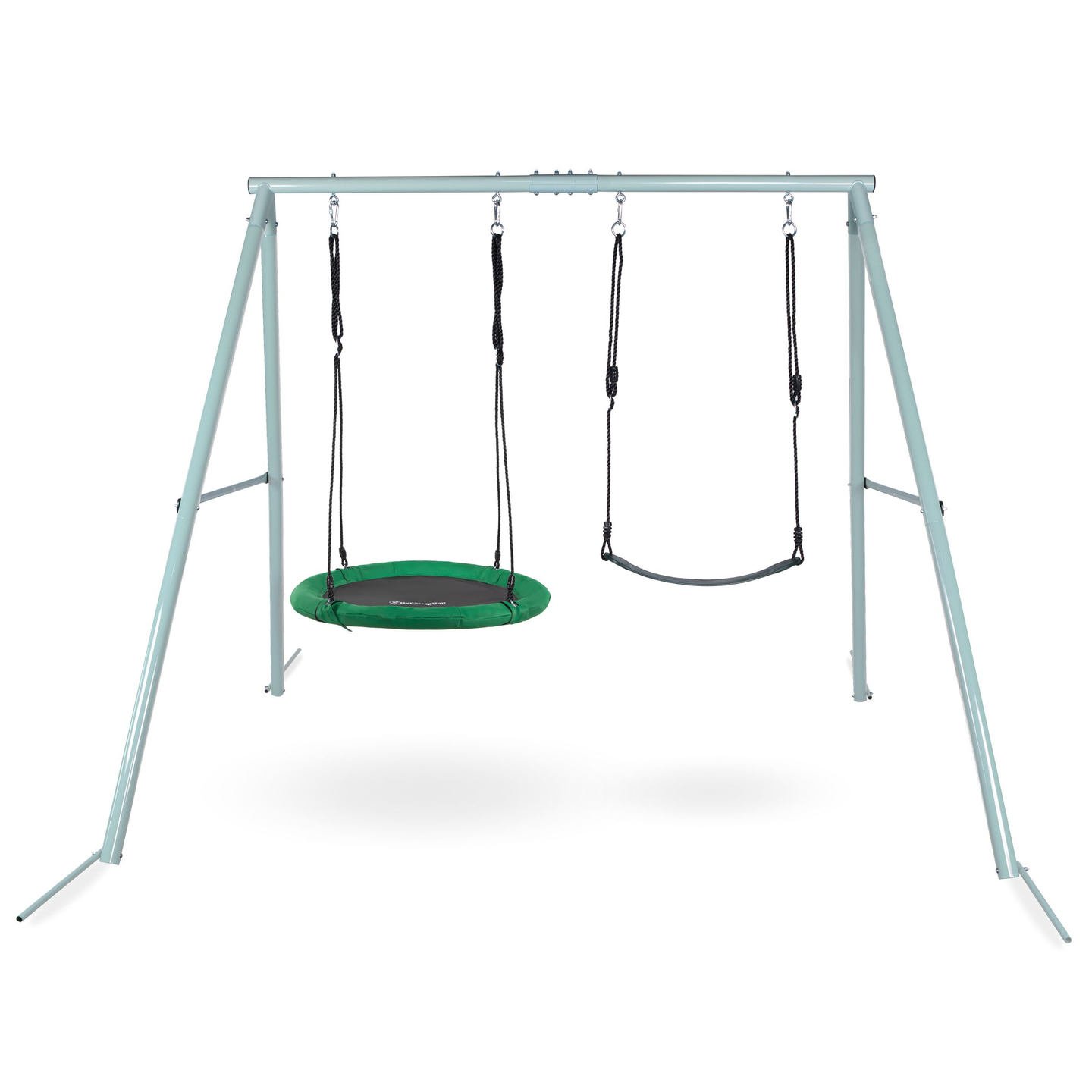 Kaksinkertainen puutarhakeinu rungolla ja köysillä - istuin ja haikarapesä