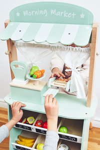 Suuri puukauppa - koju ja teatteri 2 in 1, jossa on vaaka, maksupääte, hedelmiä ja vihanneksia