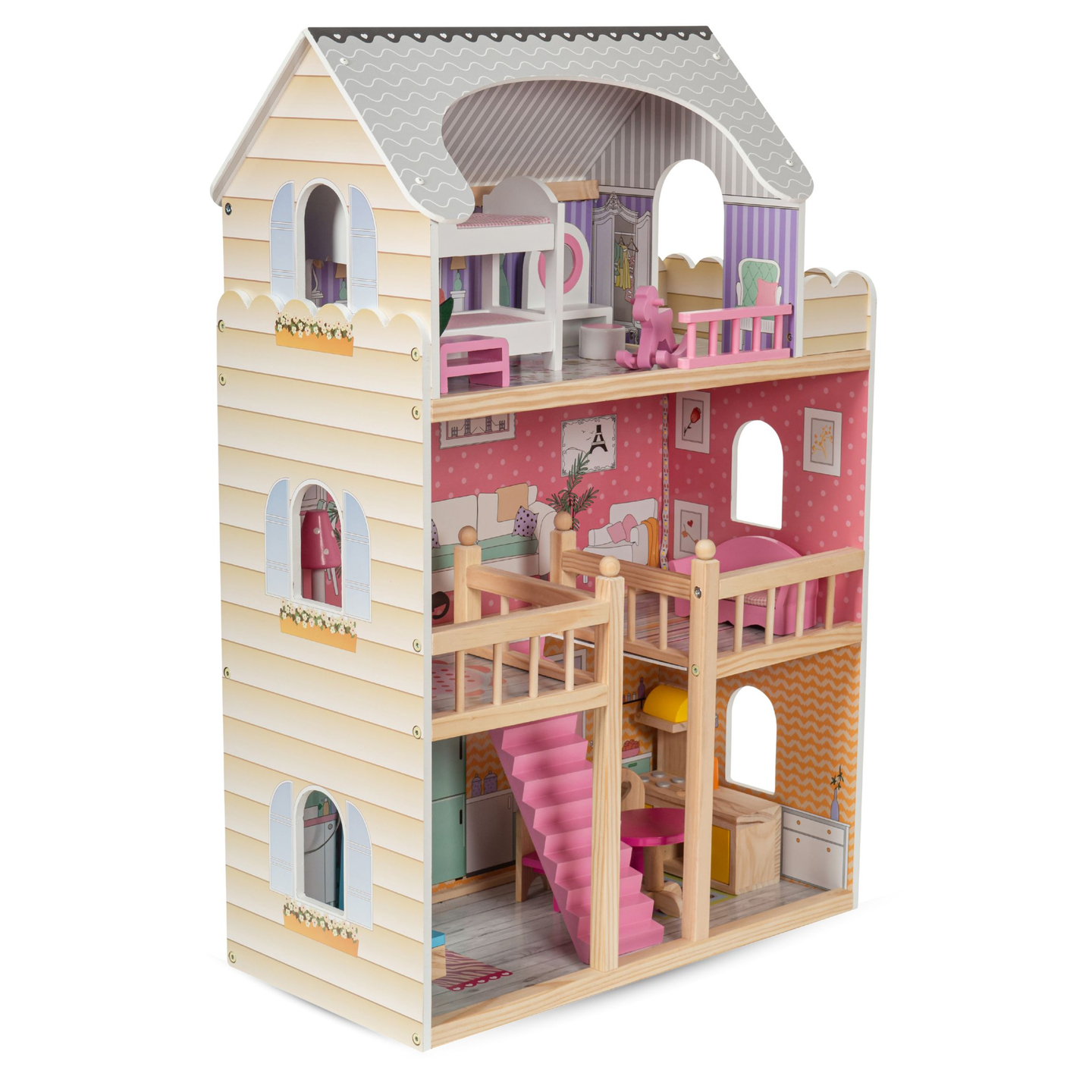 Suuri puinen 3-kerroksinen nukkekoti, jossa on terassi, kalustesarja ja LED-valaistus!