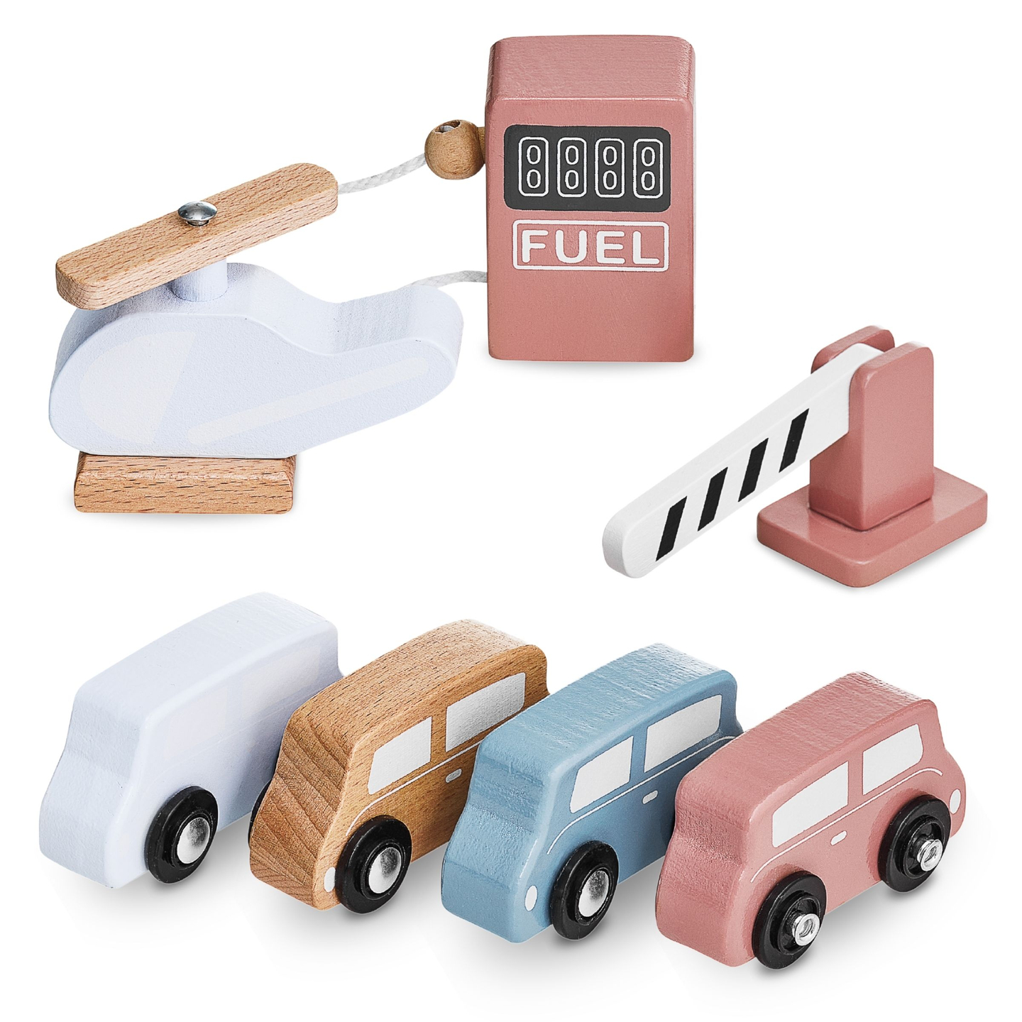 Puinen kolmikerroksinen parkkihalli, jossa on hissi - autotalli, jossa on autoja ja helikopteri