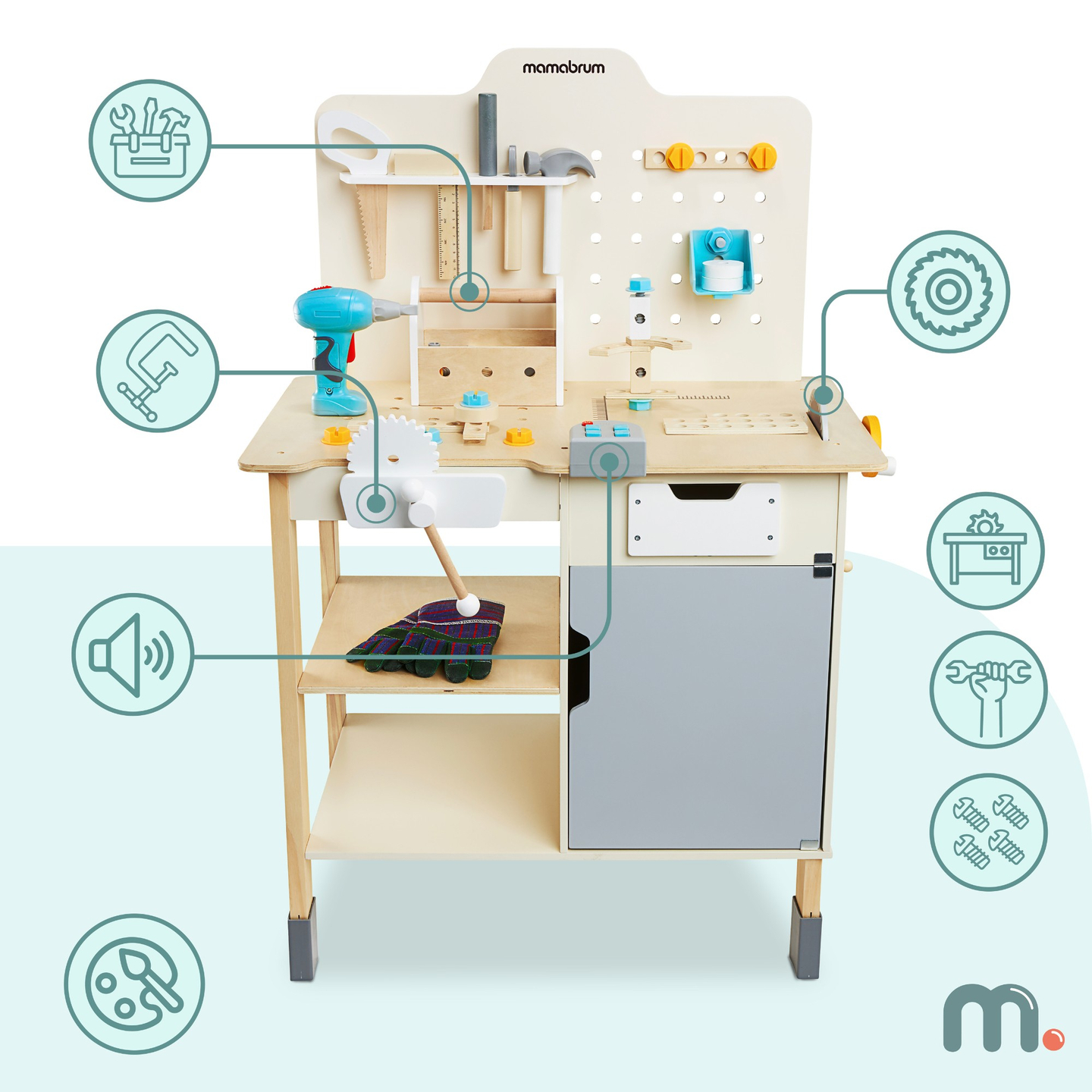 XXL Suuri puinen työpaja työkaluineen - DIY-sarja, 74 elementtiä