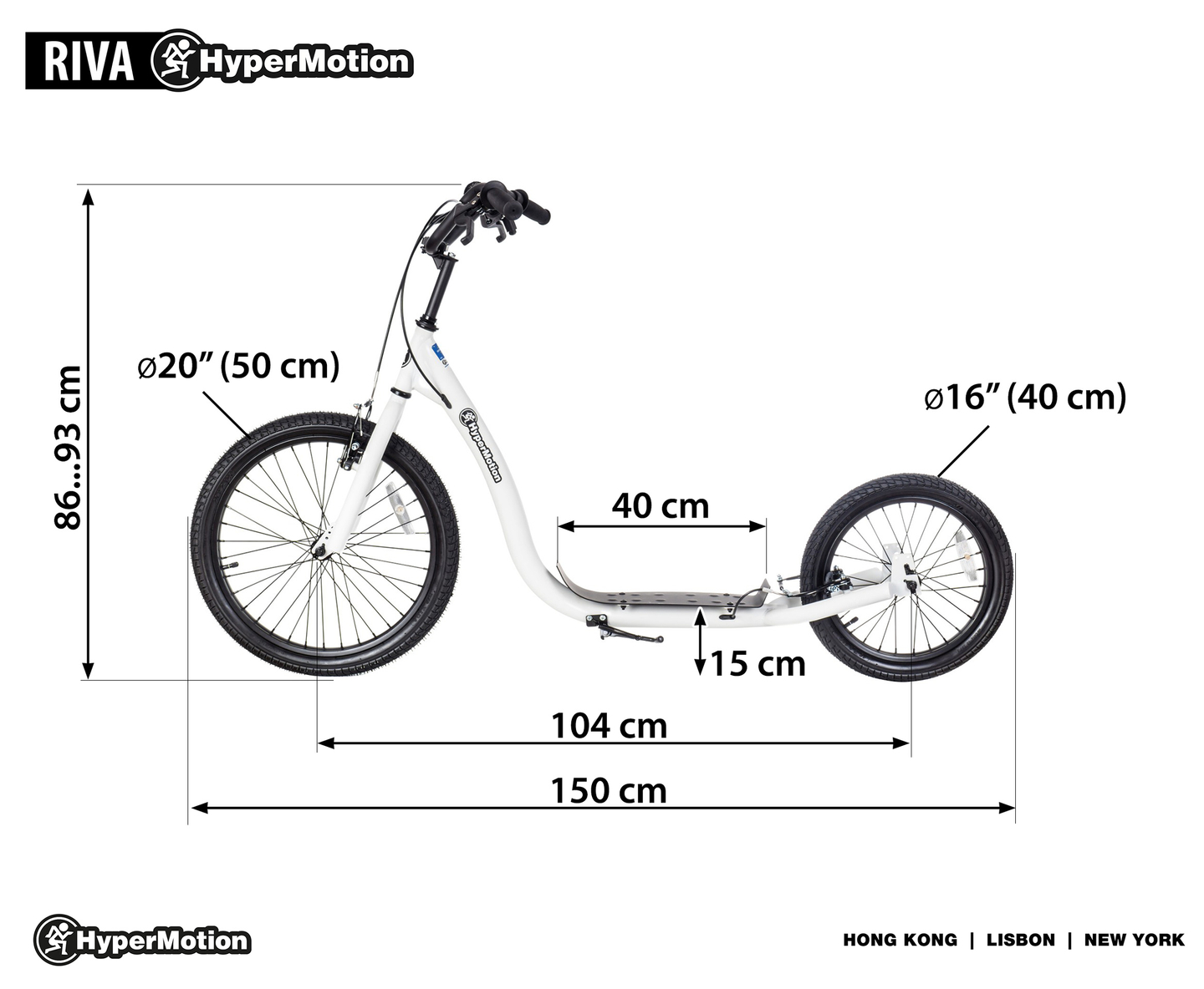 HyperMotion RIVA -kaupunkiskootteri, jossa on 50 cm:n ja 40 cm:n puhallettavat pyörät