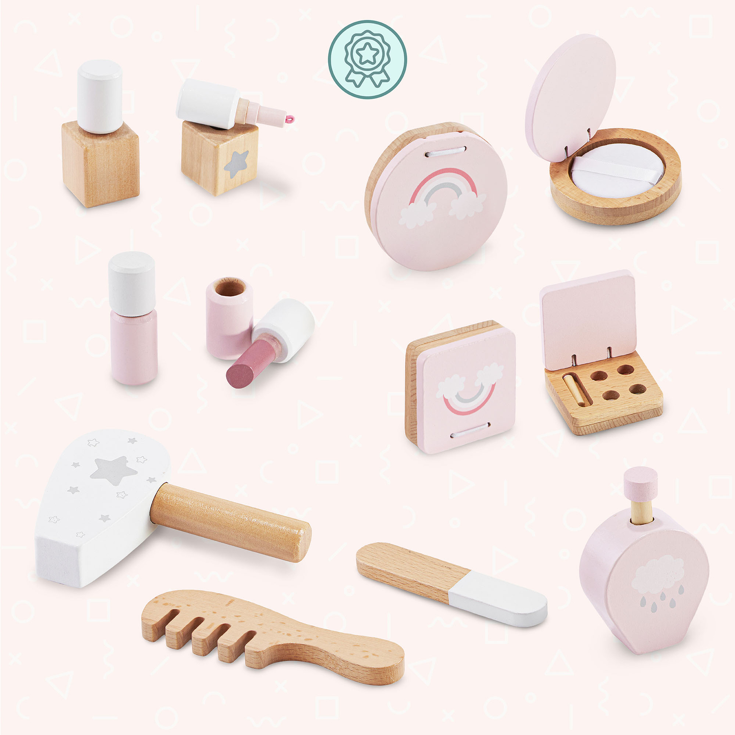 Puinen minimeikkipöytä lapsille, jossa on asusteita ja LED-valaistus, jossa on portaaton kirkkauden säätö