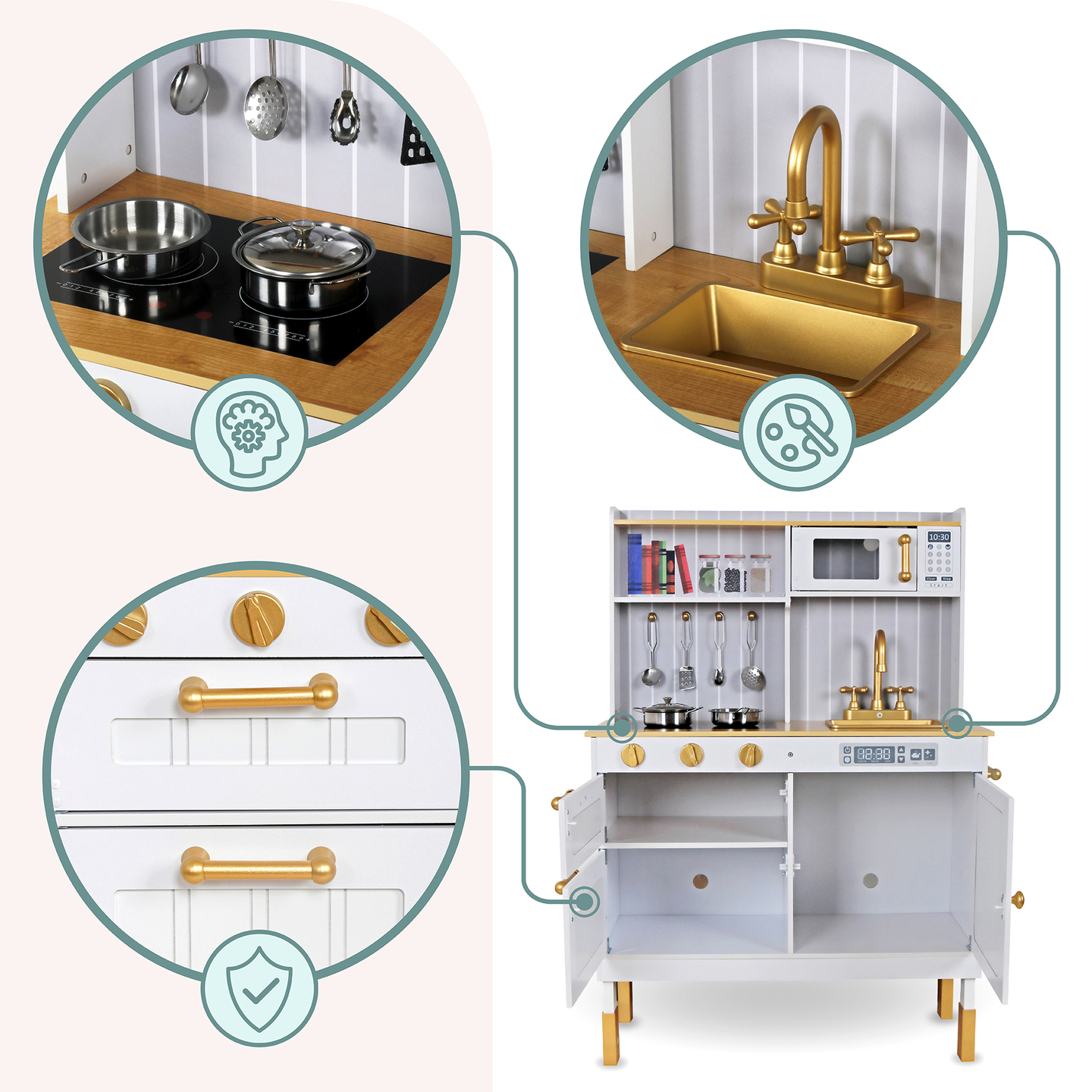 Puinen valkoinen keittiö tarvikkeineen ja esiliina