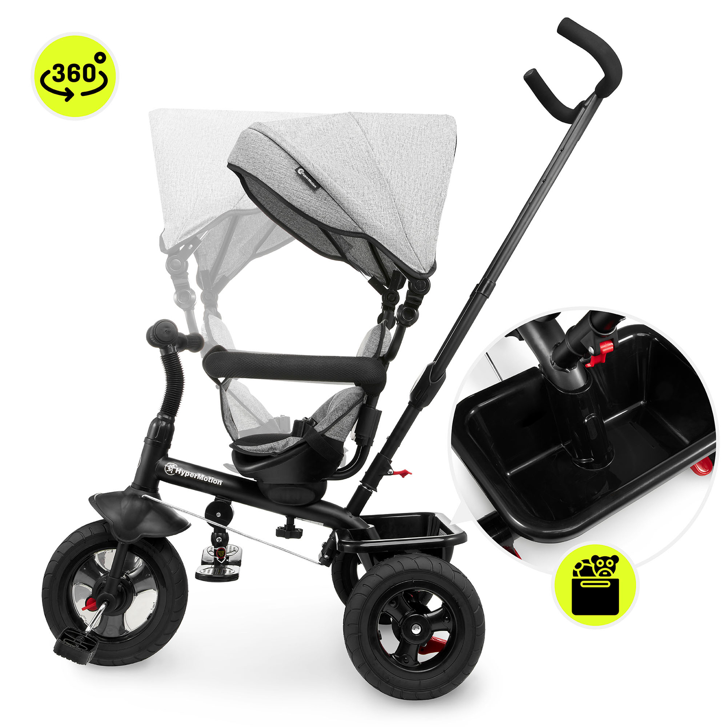 Kolmipyörä 1-4-vuotiaille lapsille - TOBI FREY - harmaa väri - kääntyvä - pumpatut pyörät + työntöaisa