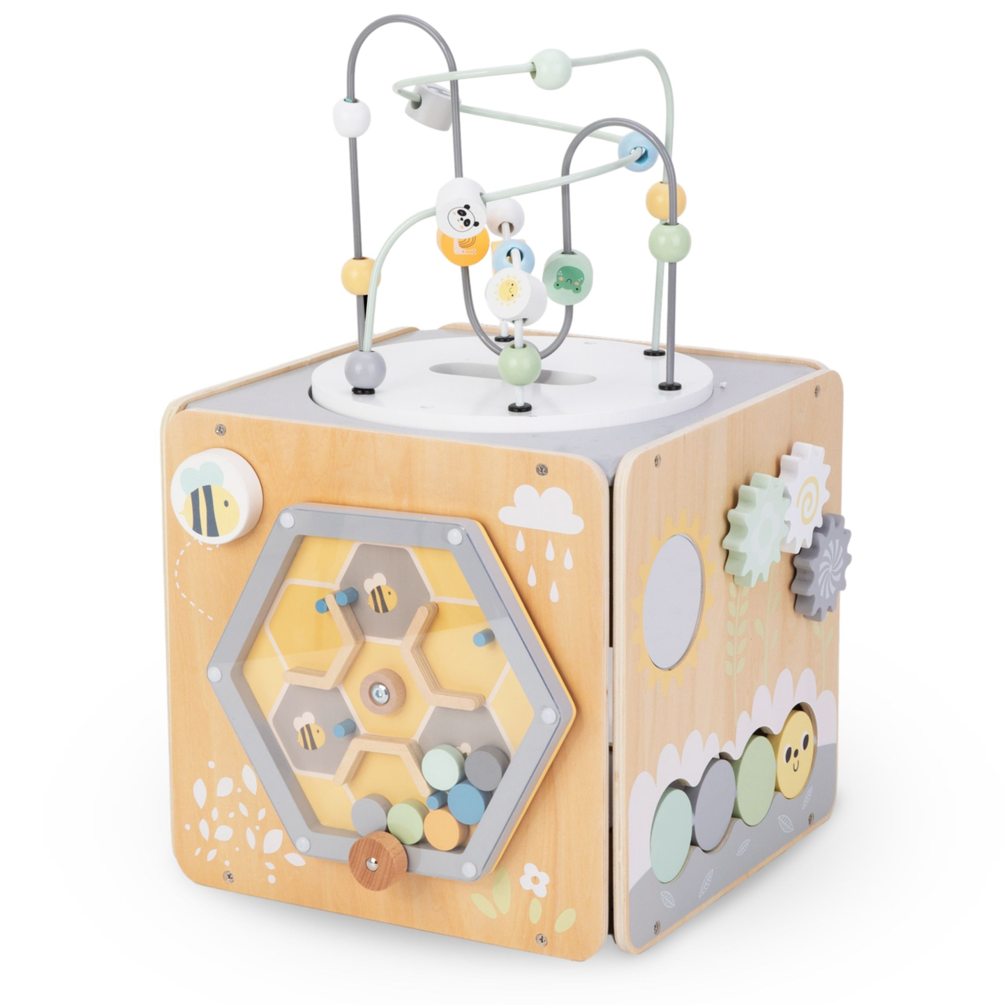 Suuri puinen toimintakuutio, jossa on silmukka - Montessori