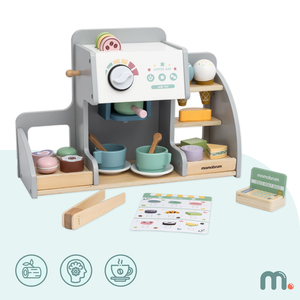 Suuri puinen jäätelöbaari, jossa on magneettitaulu, kahvinkeitin sekä jäätelö- ja jälkiruokasetti - yli 70 palaa!