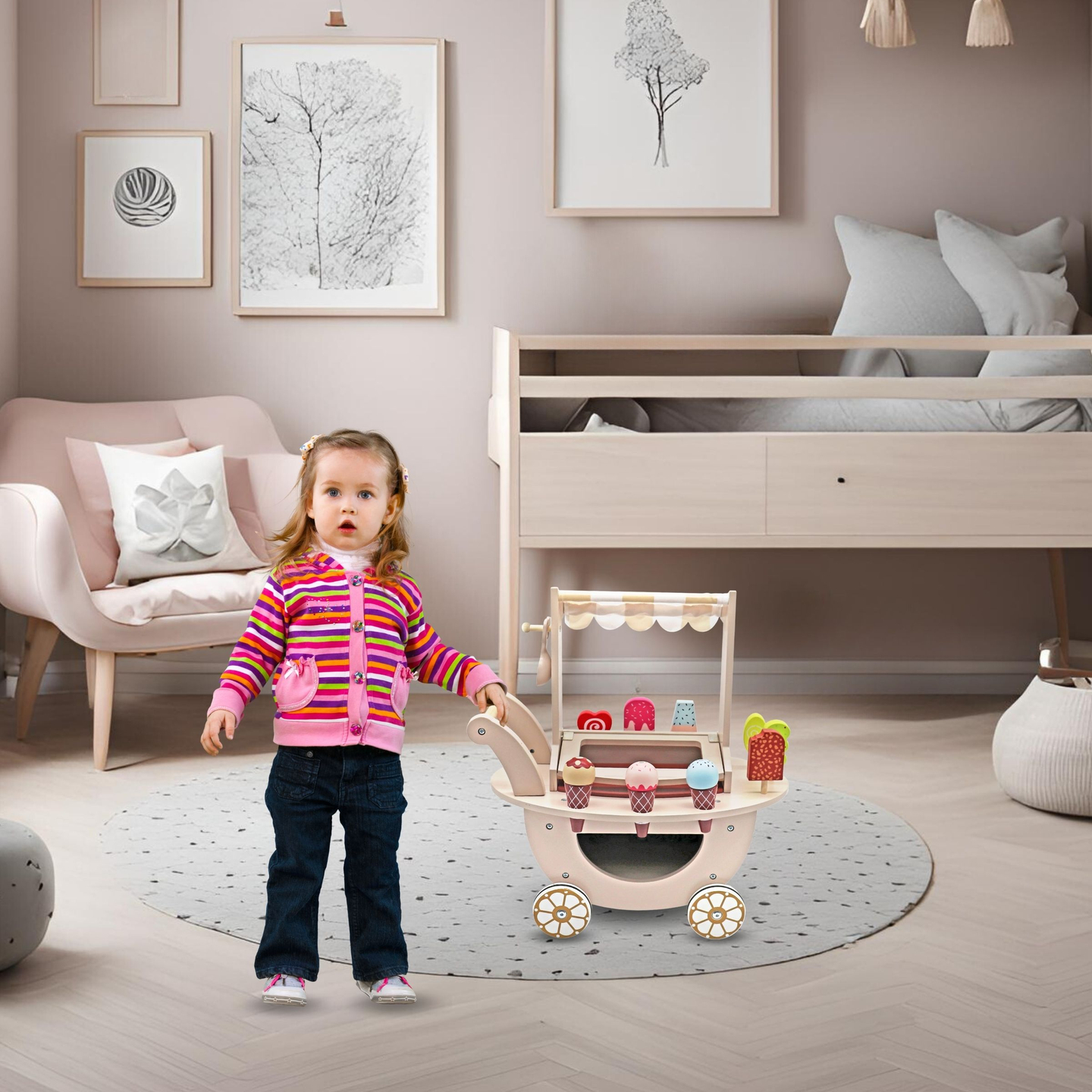 Puinen jäätelökioski lapsille - pyörillä varustettu kärry lisävarusteineen