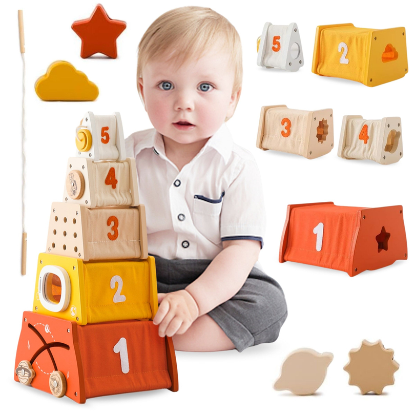 Montessori-opettava puinen pyramidi - muotojen lajittelija, sokkelo, numerot