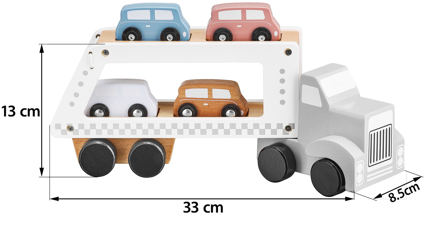 Puinen kuorma-auton perävaunu, jossa on 4 autoa