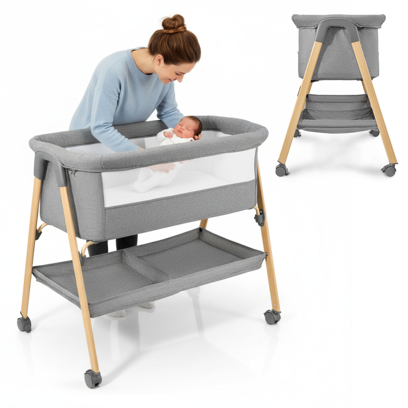 Vauvansänky, vapaasti seisova, matkasänky, kehto patjalla - harmaa