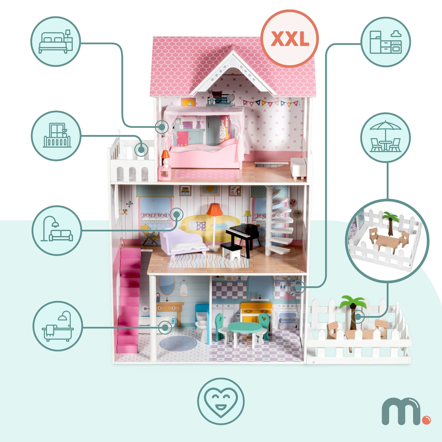 XXL Suurin puinen nukkekoti - 123 cm - LED-valaistu - terassi, tarvikkeet, puutarha