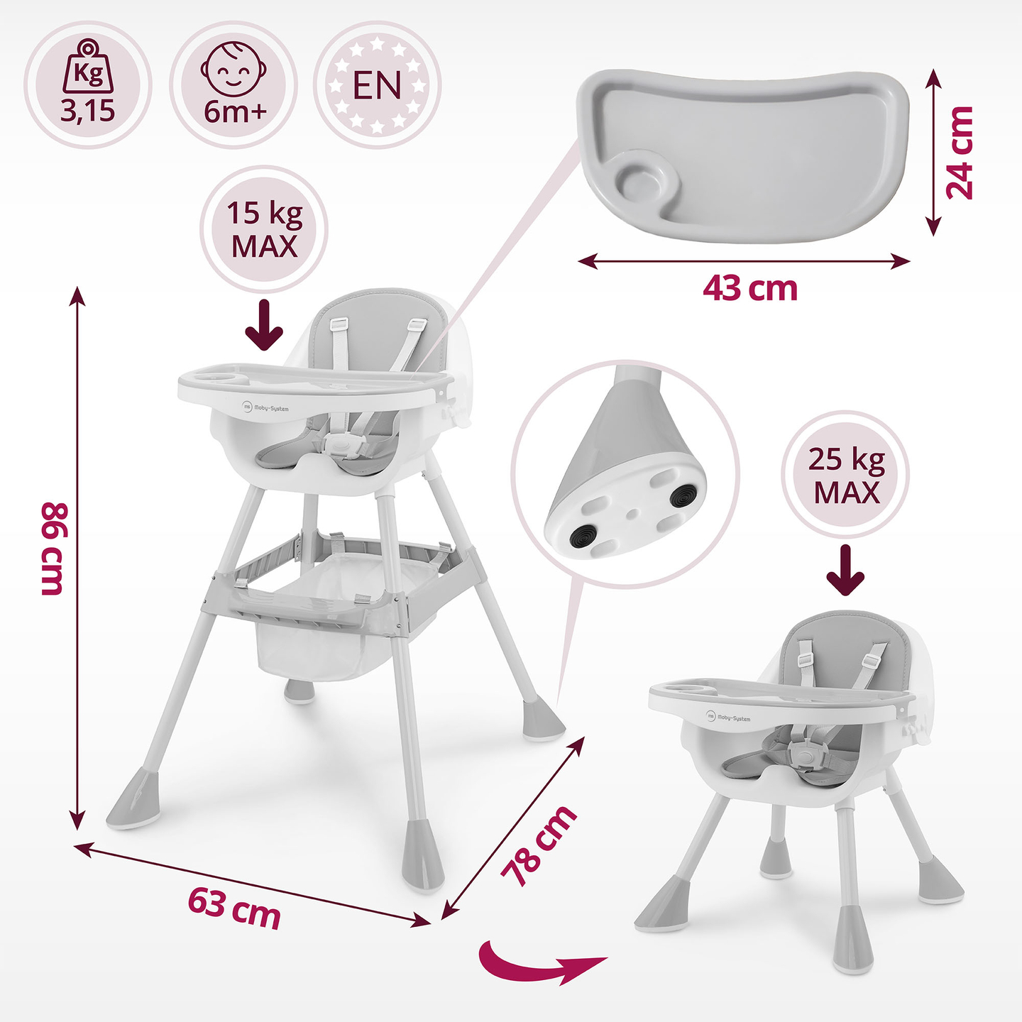 Moby-System Magnolia 2-in-1 säädettävä syöttötuoli - harmaa