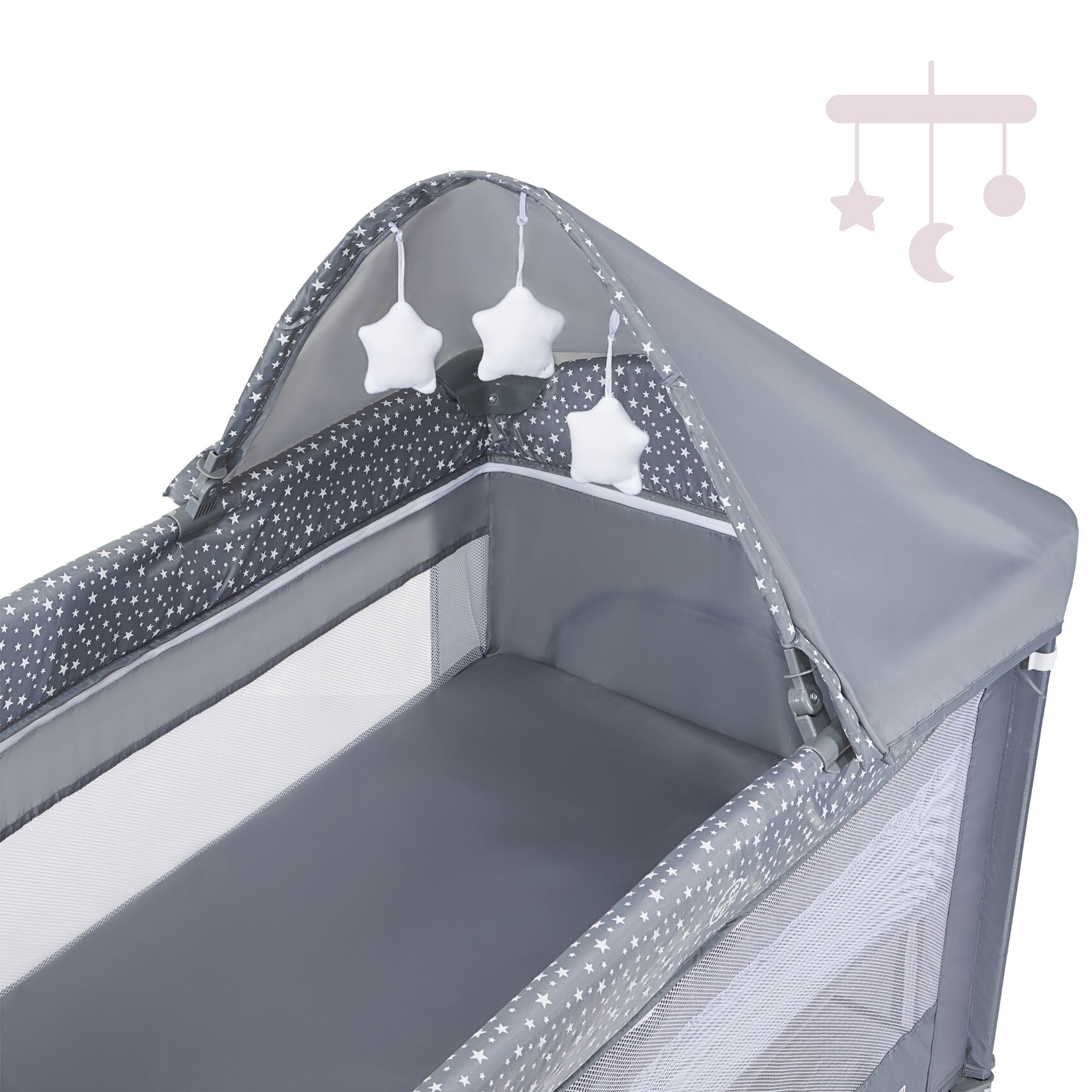 Matkasänky / leikkikehä 2 tasoa hoitopöydällä, katolla ja Happy Traveler BASIC PLUS patjalla - harmaa