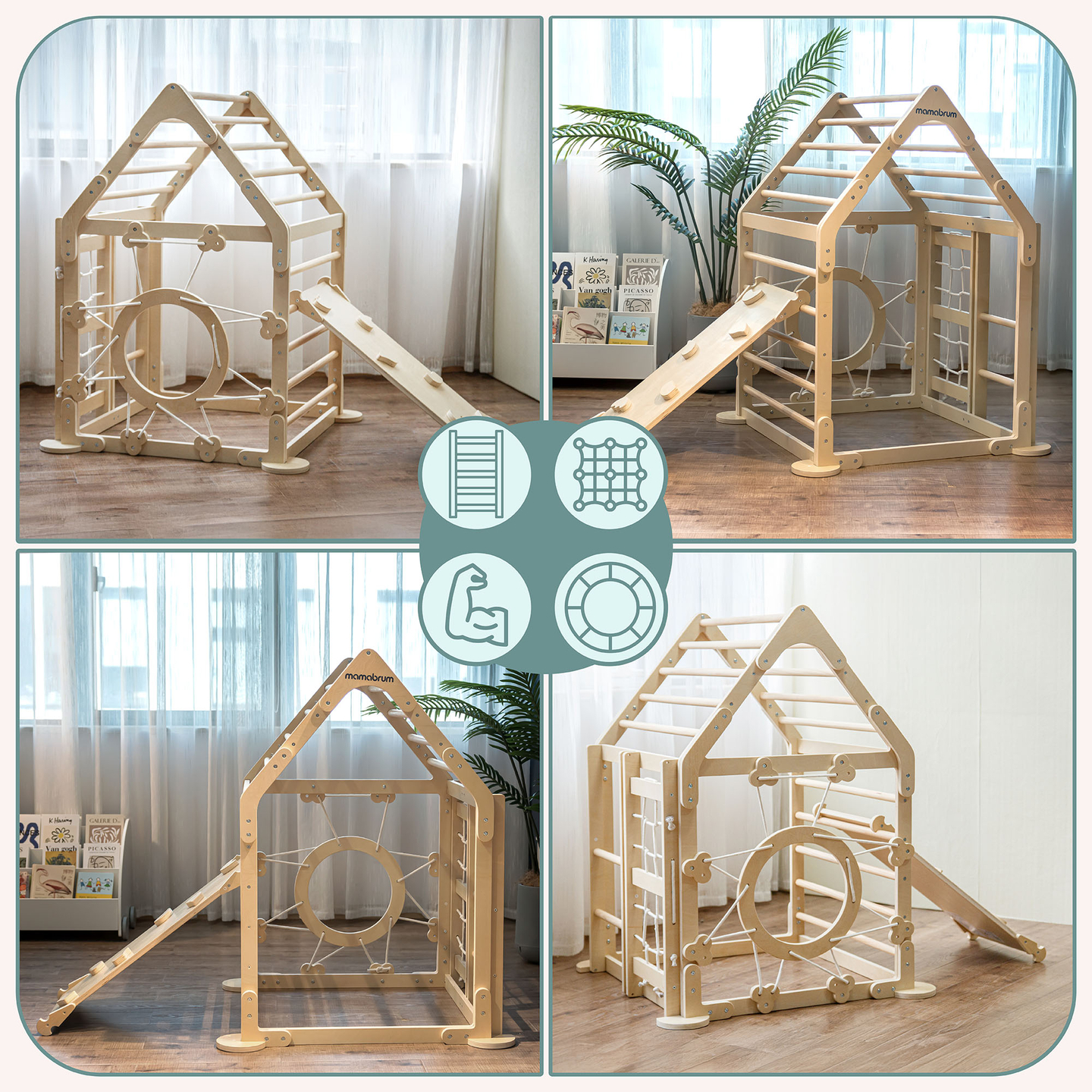 Puinen sisäleikkipuisto lapsille - talo, jossa on tikkaat ja liukumäki