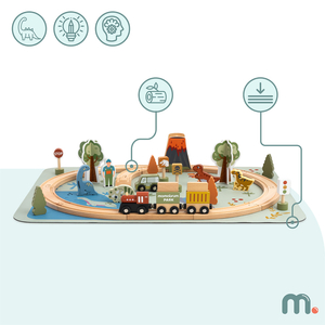 Dino Park puinen juna liukumattomalla matolla - dinosaurukset, juna, raiteet, tulivuori, kello