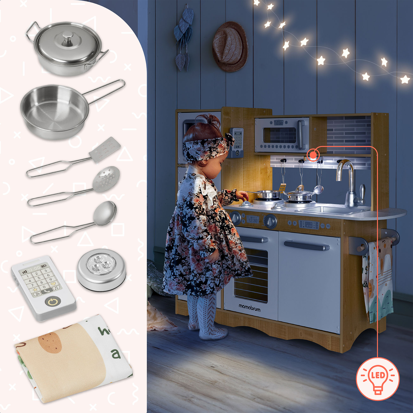 XXL puinen keittiö LED-valaistuksella, esiliina ja lisävarusteet