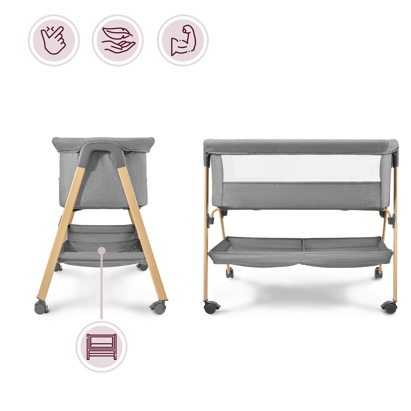 Vauvansänky, vapaasti seisova, matkasänky, kehto patjalla - harmaa