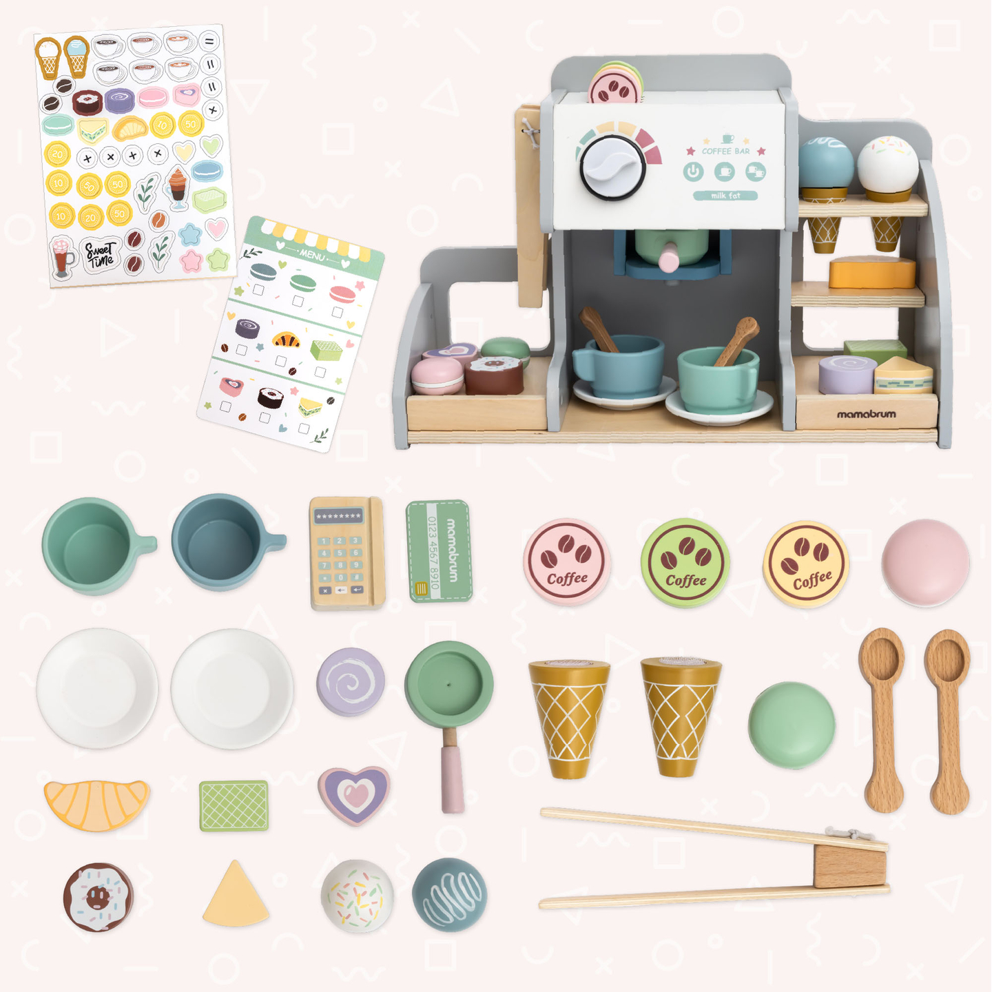 Suuri puinen jäätelöbaari, jossa on magneettitaulu, kahvinkeitin sekä jäätelö- ja jälkiruokasetti - yli 70 palaa!