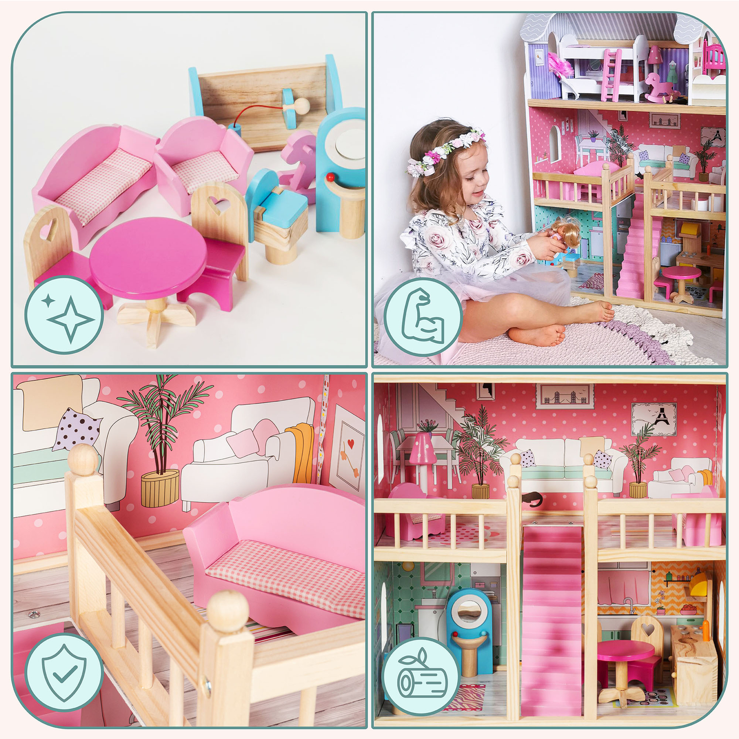 Suuri puinen 3-kerroksinen nukkekoti, jossa on terassi, kalustesarja ja LED-valaistus!