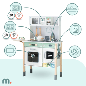 Interaktiivinen keittiö, jossa on pesukone, astianpesukone ja liitutaulu