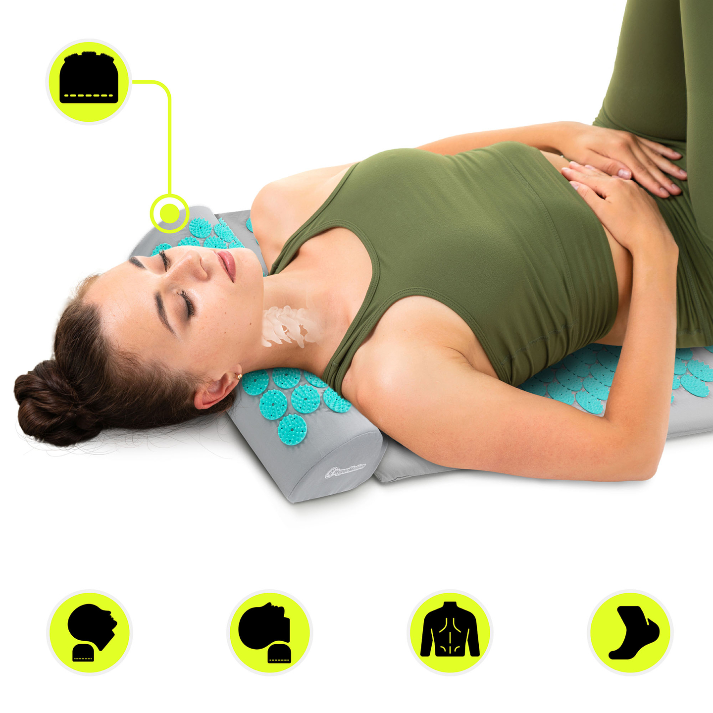 Suuri akupunktiomatto tyynyllä ja päällisellä - 130 cm HyperMotion harmaa-minttu