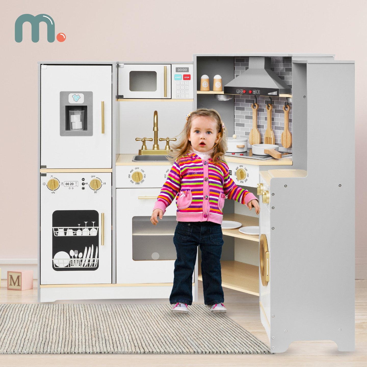 XXXL puinen interaktiivinen keittiö LED-valaistuksella, liesituulettimella ja lisävarusteilla