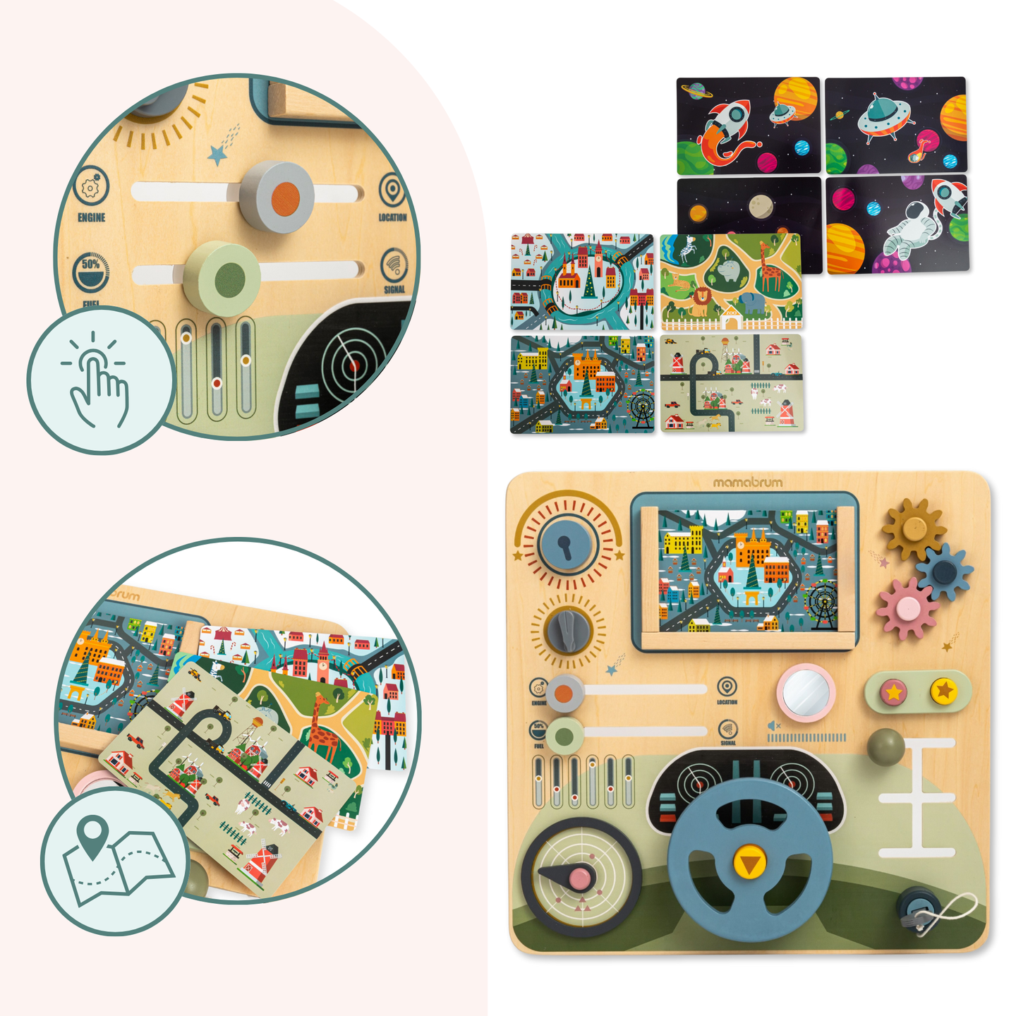 Puinen Montessori-lauta 2-in-1 Ohjaamo pienelle kuljettajalle ja lentäjälle – ohjauspyörä, vaihdekeppi, matkakartat, tutka