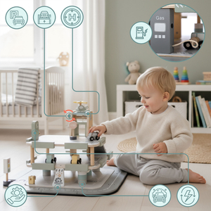 Puinen, kolmikerroksinen lasten autotalli varusteineen – pysäköintialue, huoltoasema, autopesula, helikopteri