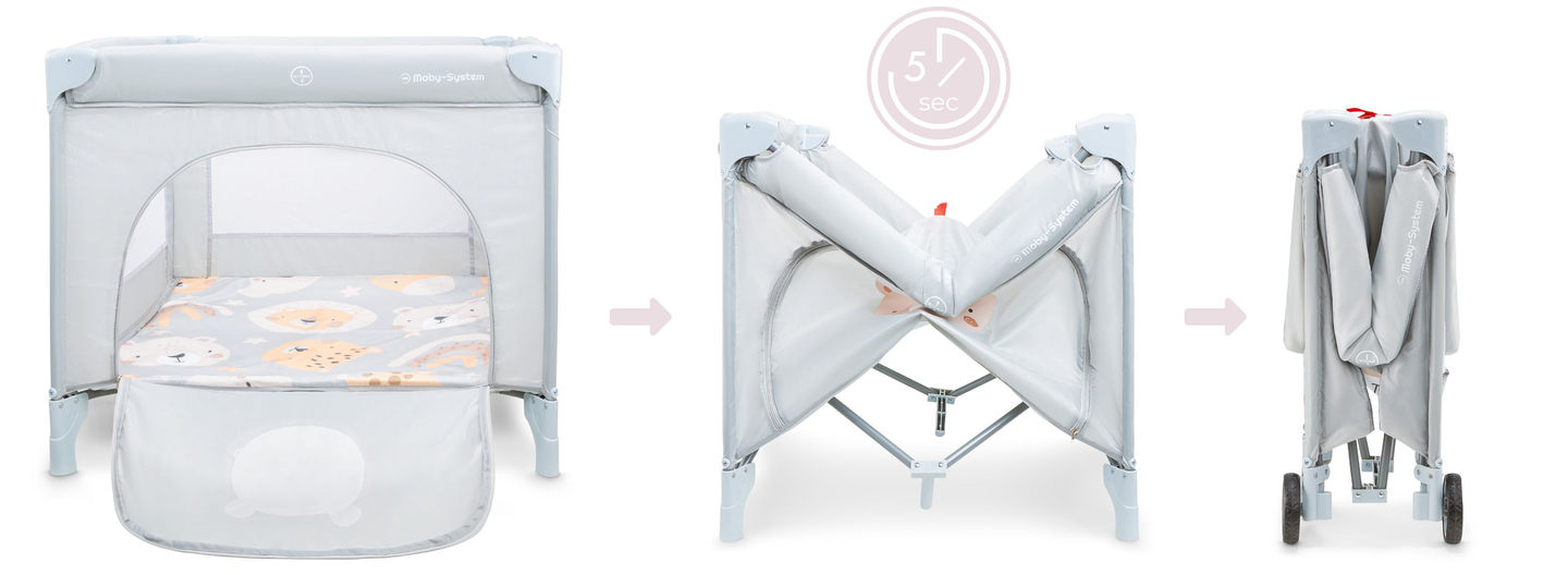 Kokoontaitettava leikkikehikko, vauvan matkasänky patjalla ja kantolaukulla - Nallekarhu