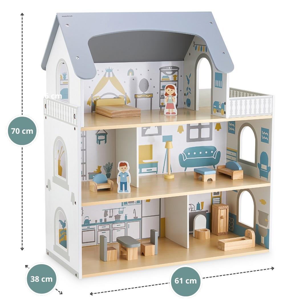 Valkoinen puinen nukkekoti terassilla ja tarvikkeilla