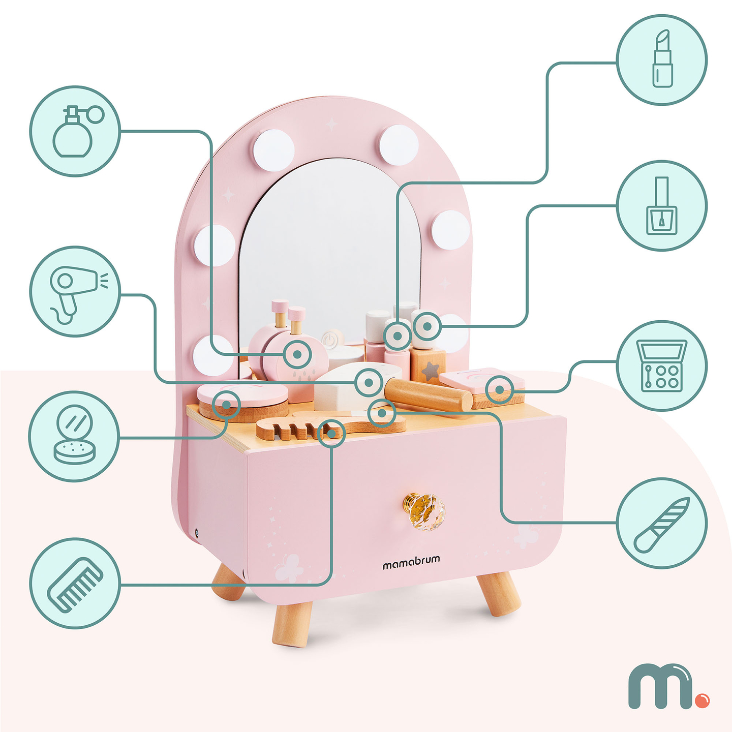 Puinen minimeikkipöytä lapsille, jossa on asusteita ja LED-valaistus, jossa on portaaton kirkkauden säätö