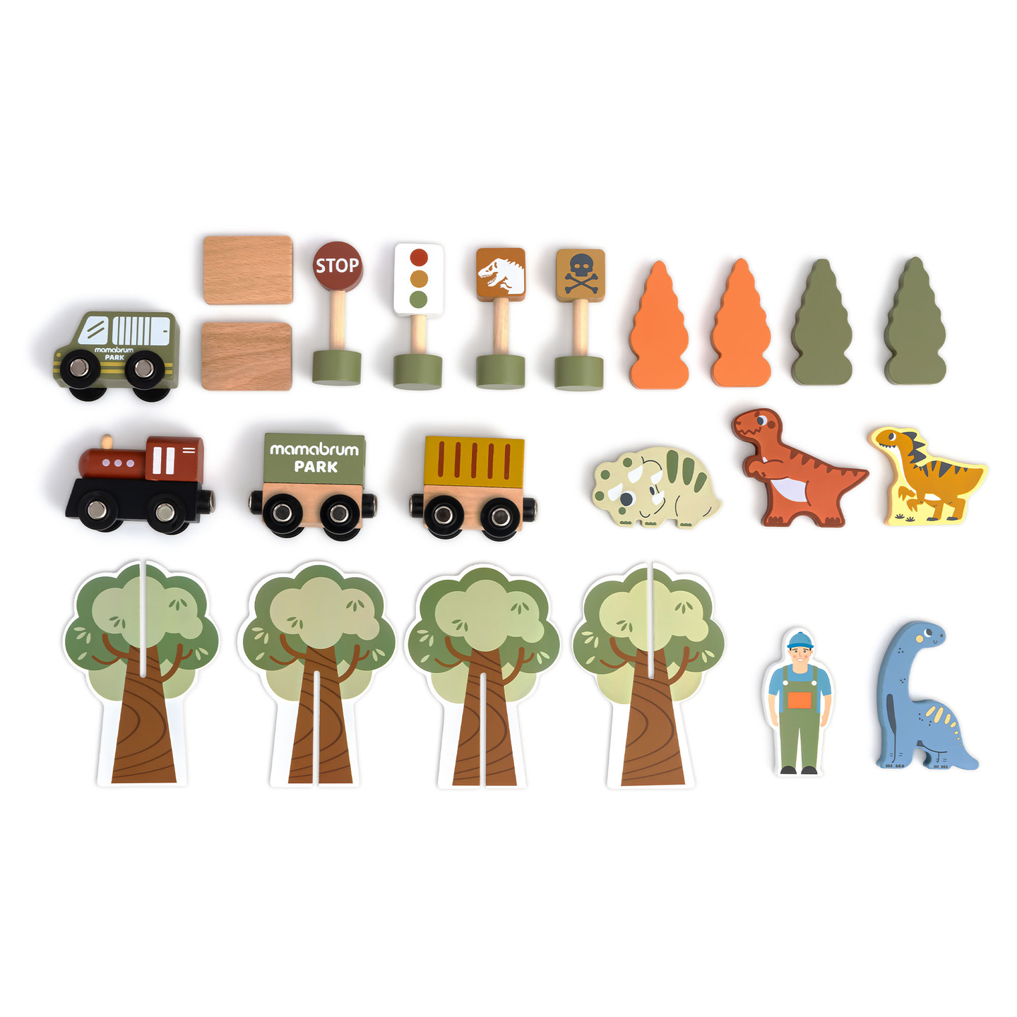 Dino Park puinen juna liukumattomalla matolla - dinosaurukset, juna, raiteet, tulivuori, kello