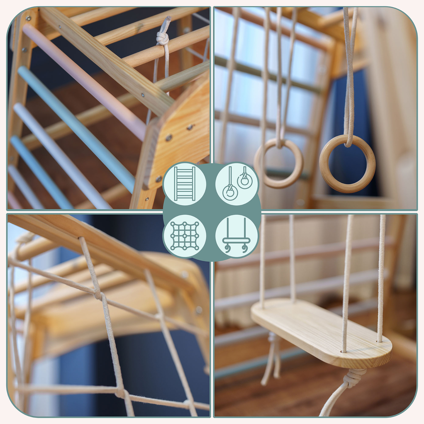 Puinen sisäleikkipuisto, jossa on keinu, voimistelurenkaat ja kiipeilyverkko