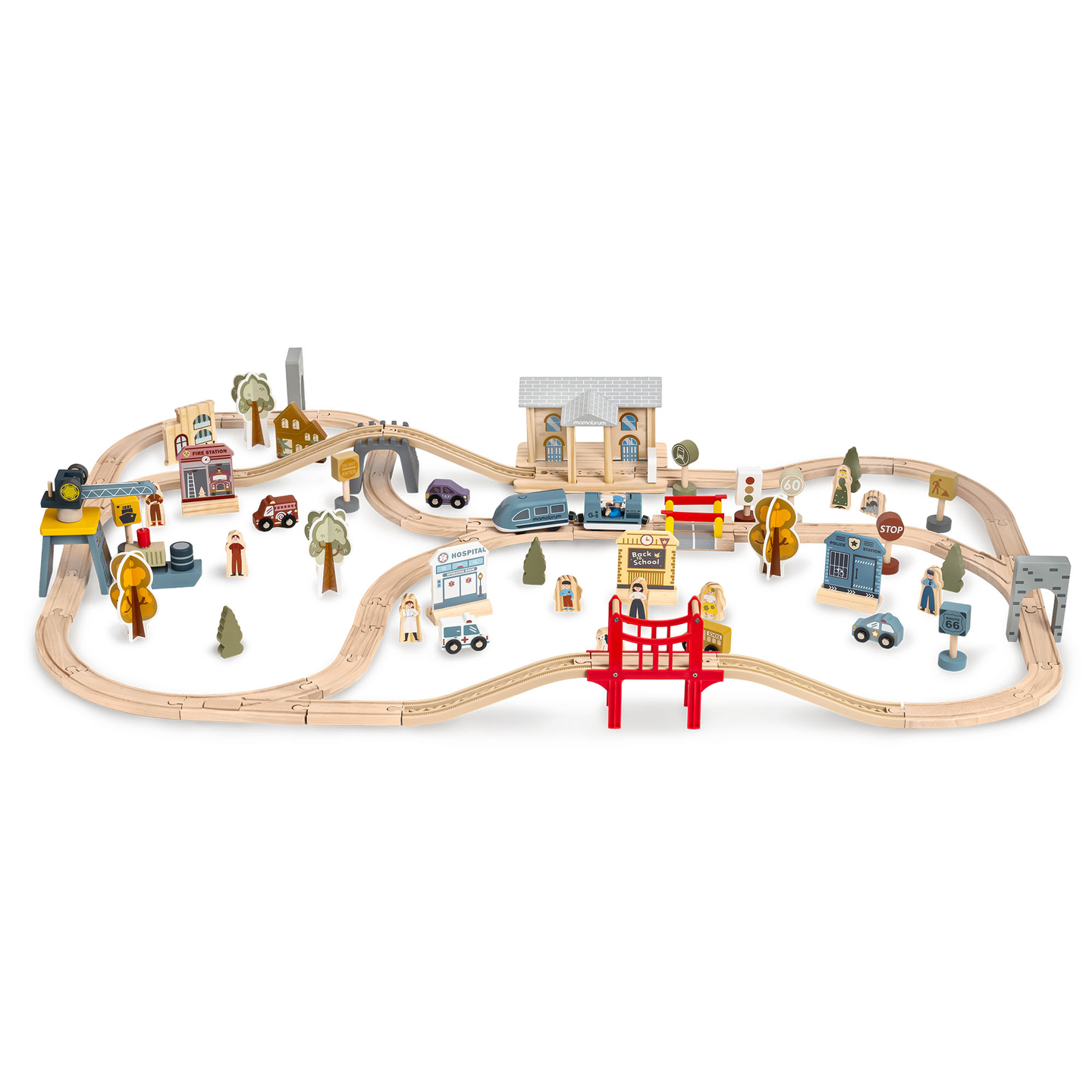 Puinen kaupungin rautatie sähköjunalla - liikkuva nosturi, laiva, sillat