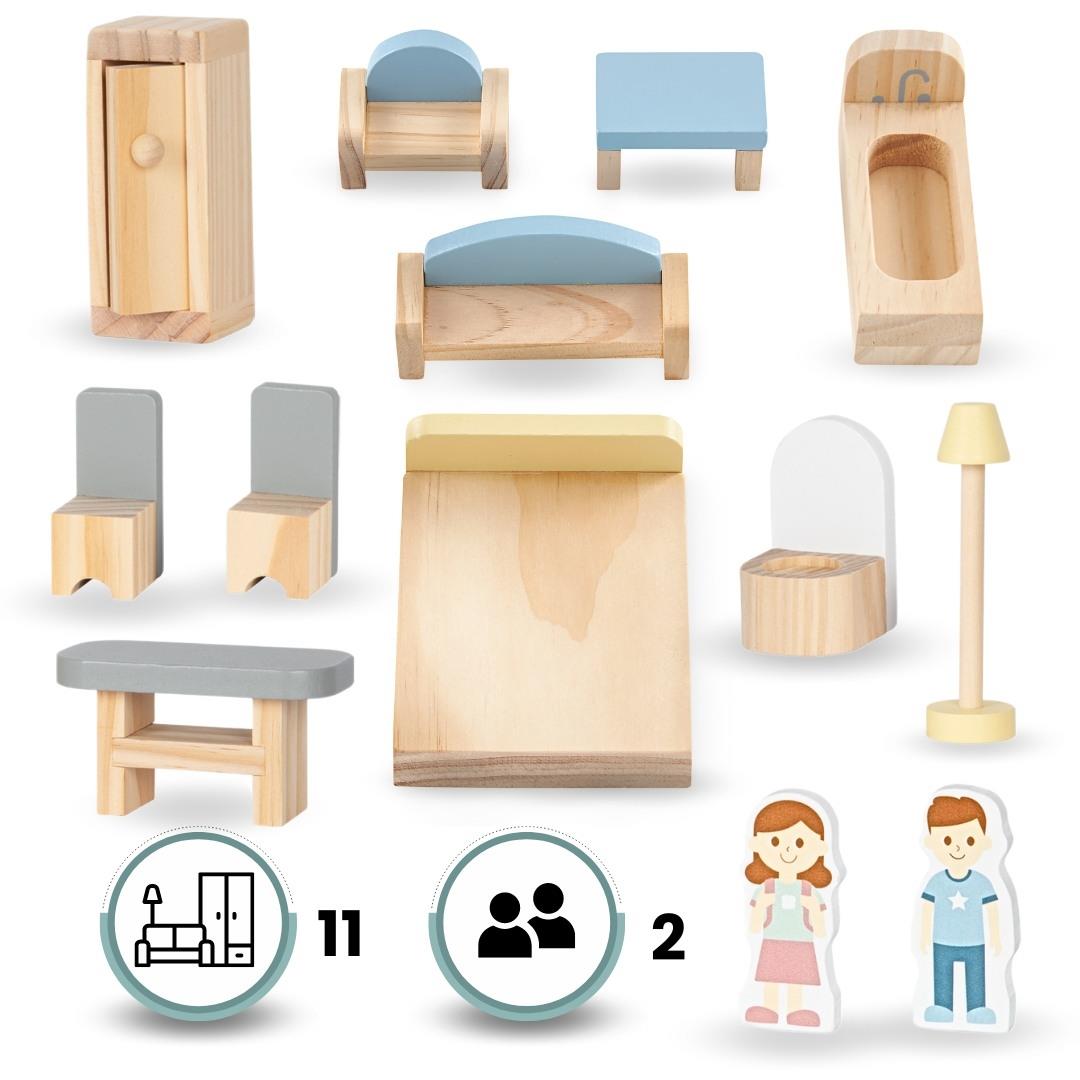 Valkoinen puinen nukkekoti terassilla ja tarvikkeilla