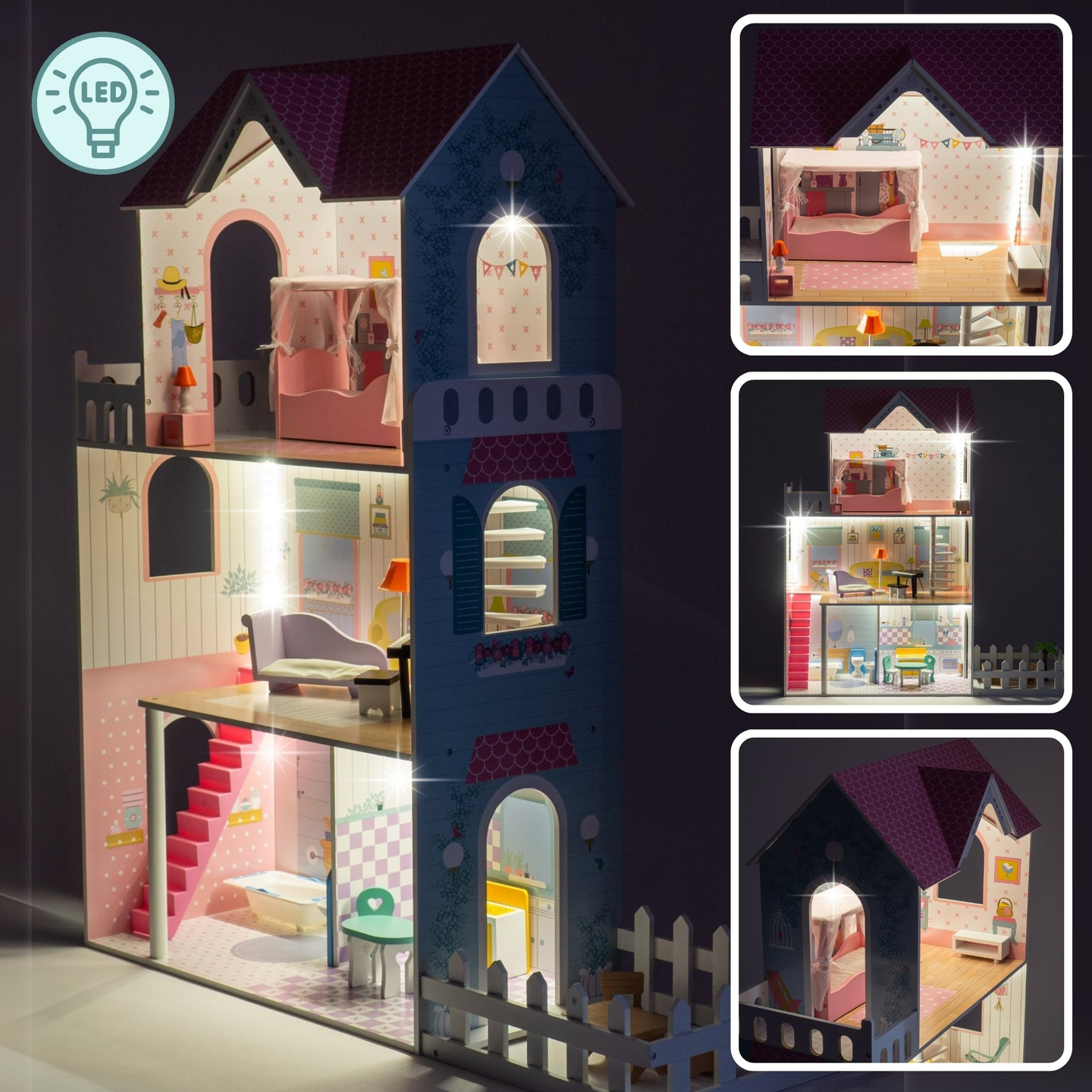 XXL Suurin puinen nukkekoti - 123 cm - LED-valaistu - terassi, tarvikkeet, puutarha