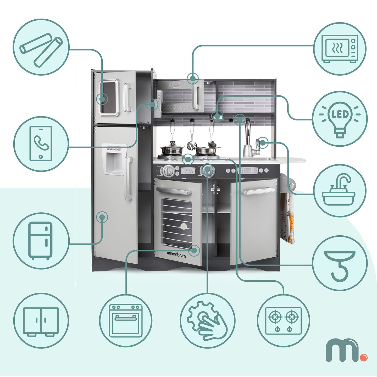 XXL puinen keittiö LED-valaistuksella, esiliina ja lisävarusteet