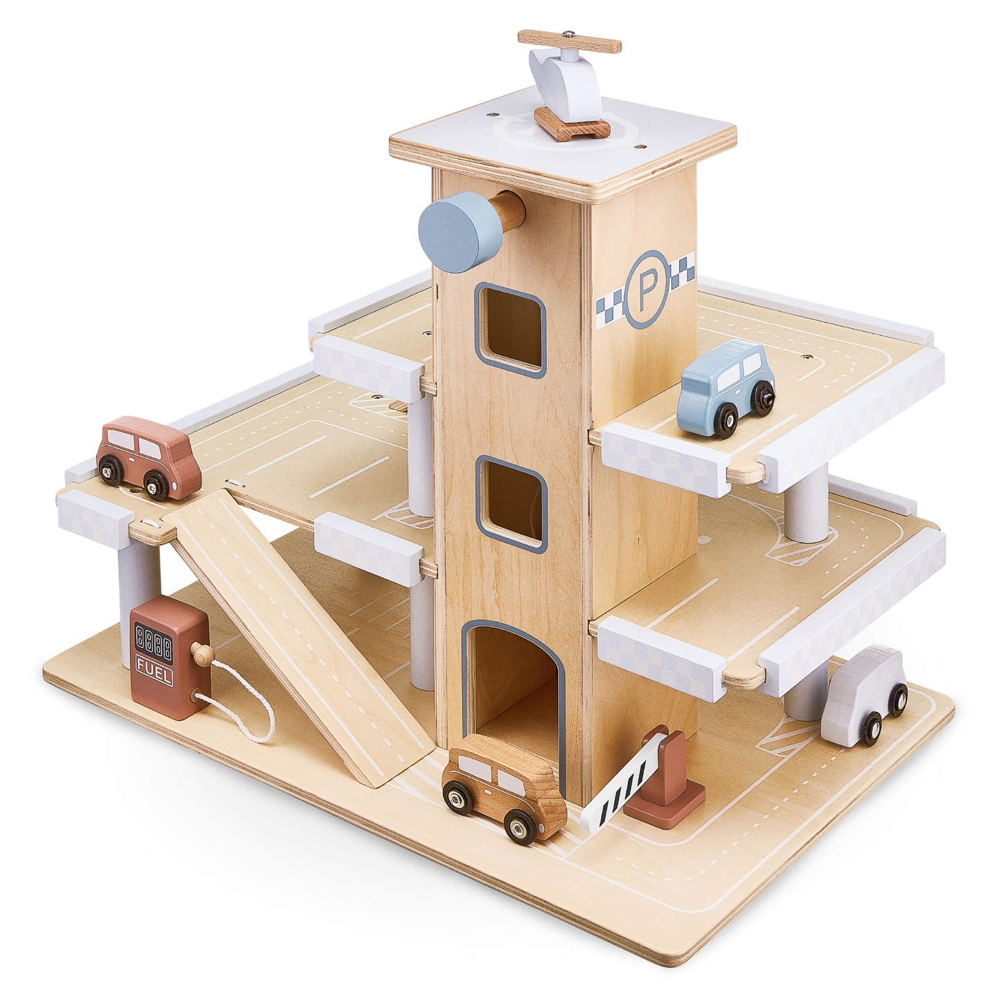 Puinen kolmikerroksinen parkkihalli, jossa on hissi - autotalli, jossa on autoja ja helikopteri