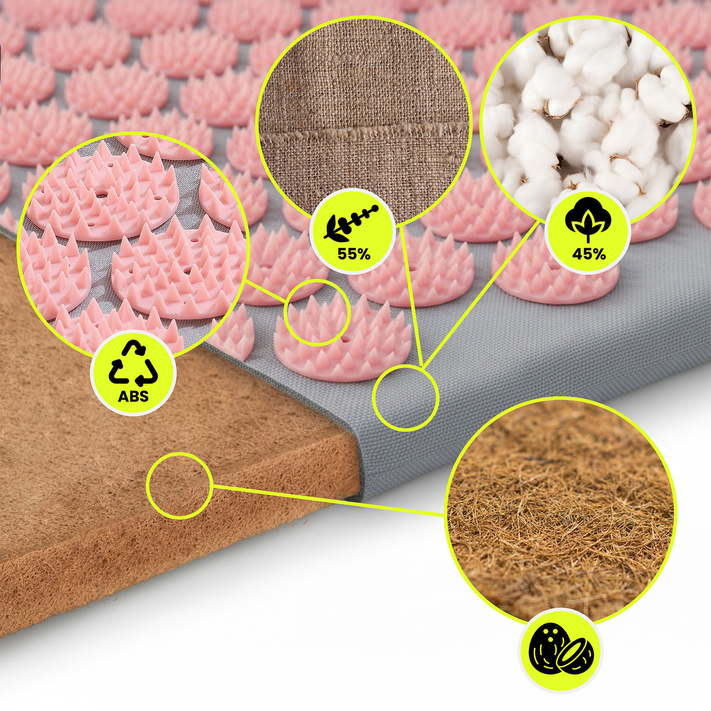ECO-pellava-akupunktiomatto kookoskuidulla ja tattarityynyllä – 68 cm HyperMotion harmaa ja pinkki
