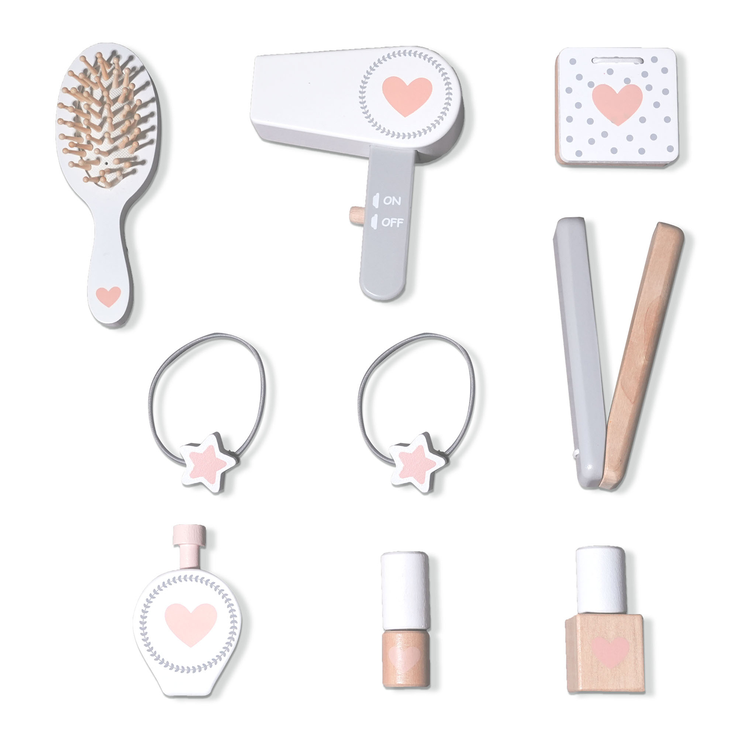 Puinen lasten pukeutumispöytä tuolilla, tarvikkeilla ja LED-valaistuksella