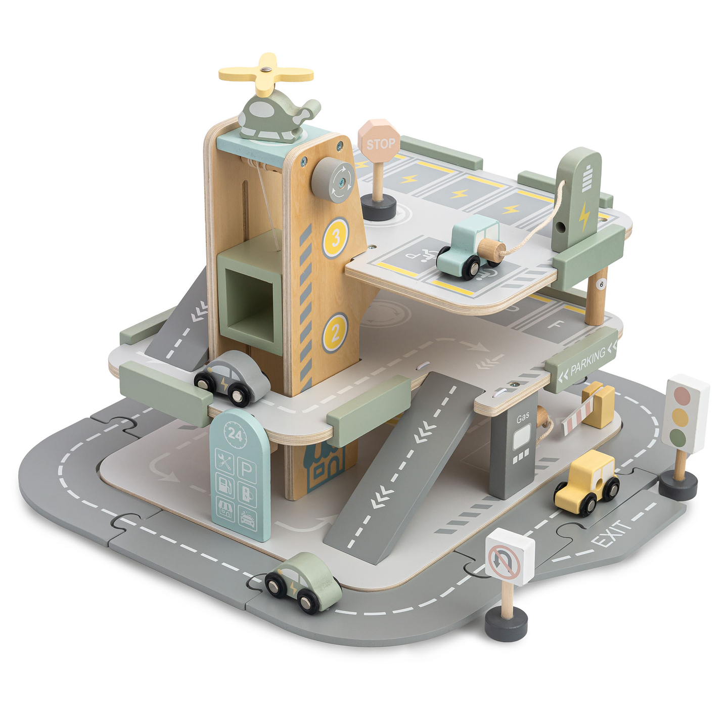 Puinen, kolmikerroksinen lasten autotalli varusteineen – pysäköintialue, huoltoasema, autopesula, helikopteri