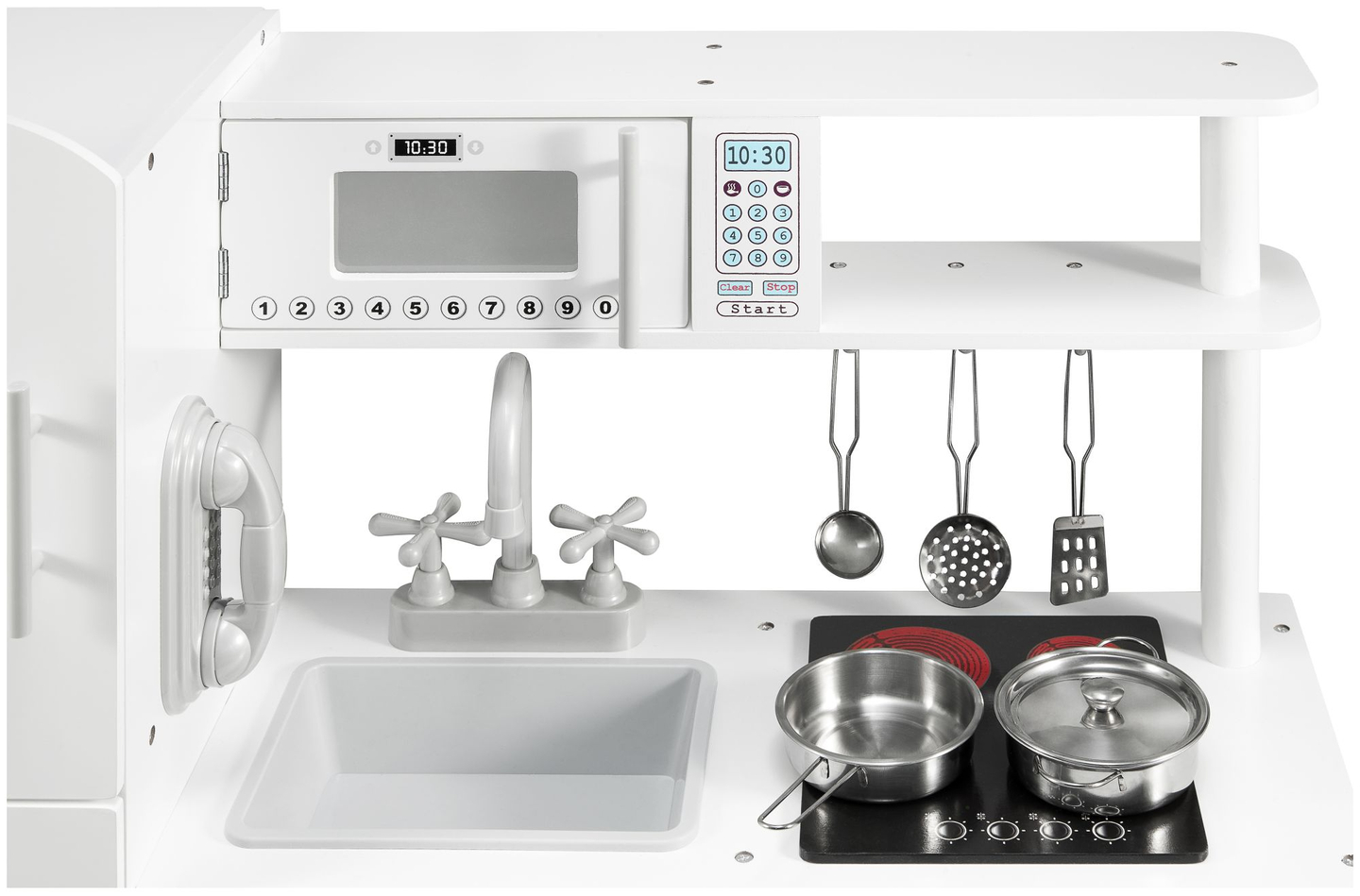 Suuret puiset valkoiset keittiötarvikkeet ja esiliina