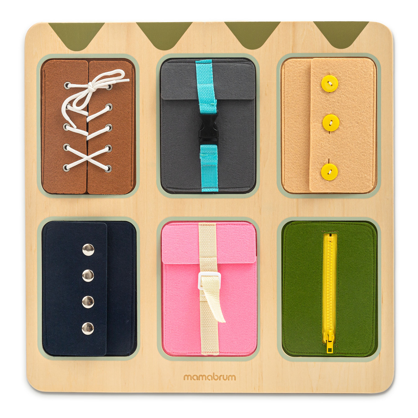 Puinen Montessori-manipulaatiolauta – Aistillinen itsenäisyyden oppiminen - nauhat, soljet, napit, nepparit, vetoketju