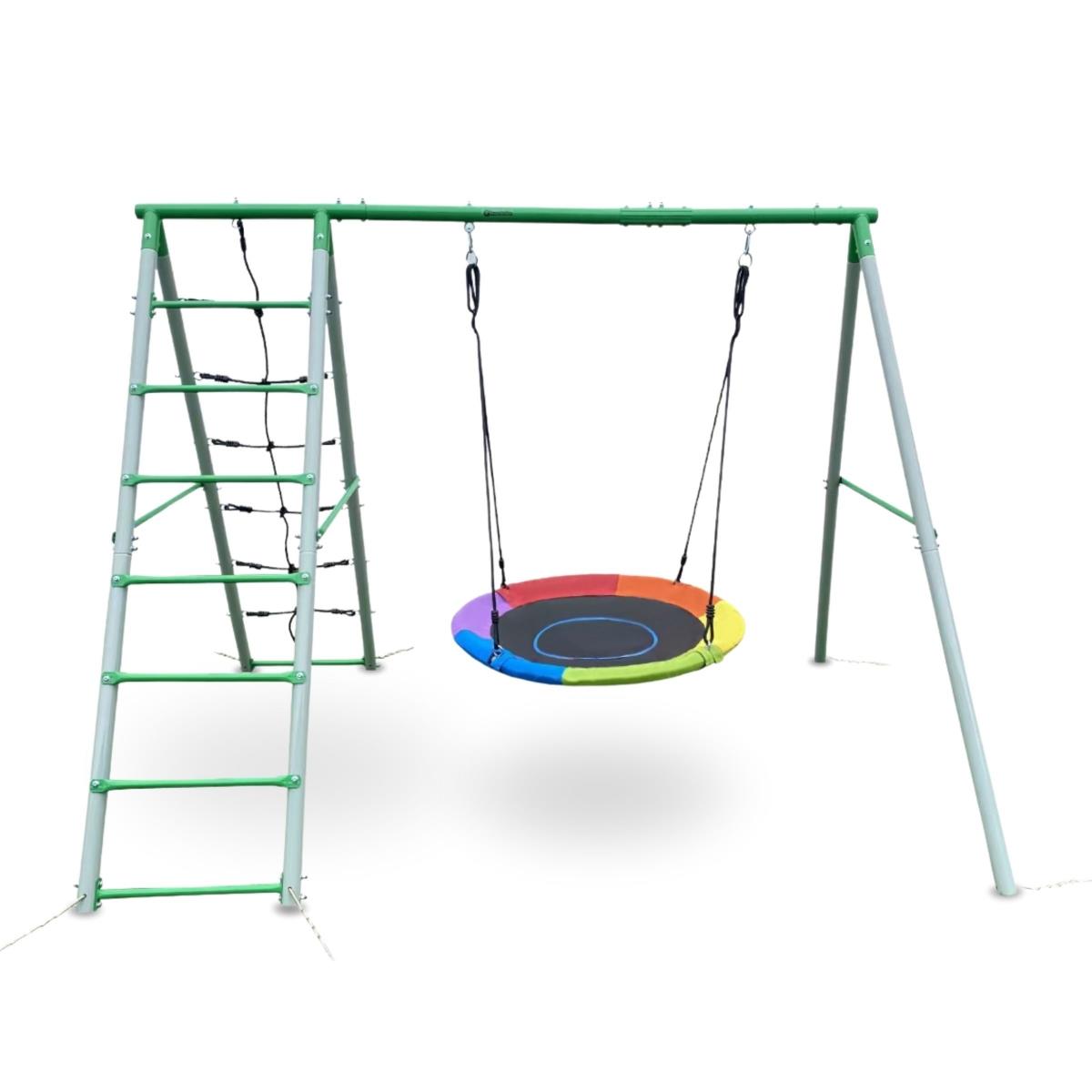 Lasten XL puutarhaleikkipaikka, jossa haikarapesäkeinu, tikkaat ja kiipeilyverkko