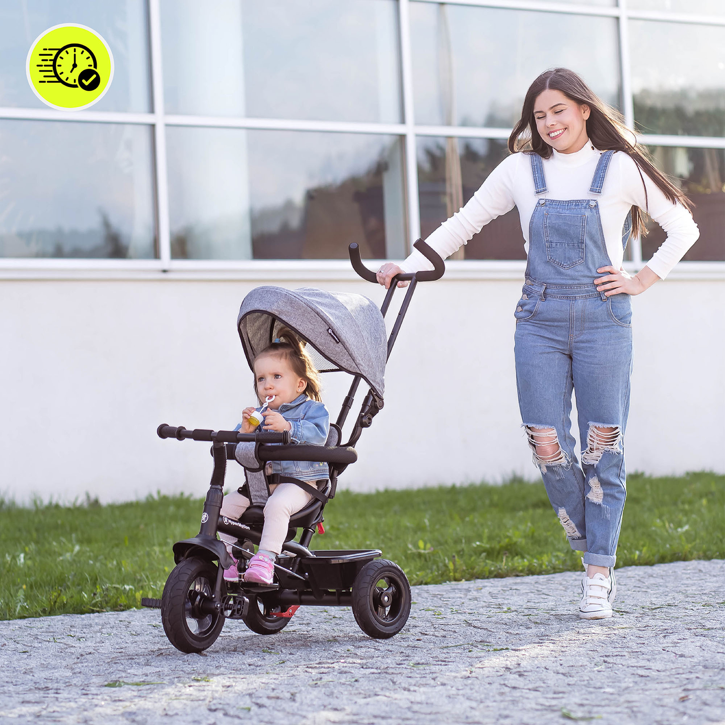 Kolmipyörä 1-4-vuotiaille lapsille - TOBI FREY - harmaa väri - kääntyvä - pumpatut pyörät + työntöaisa